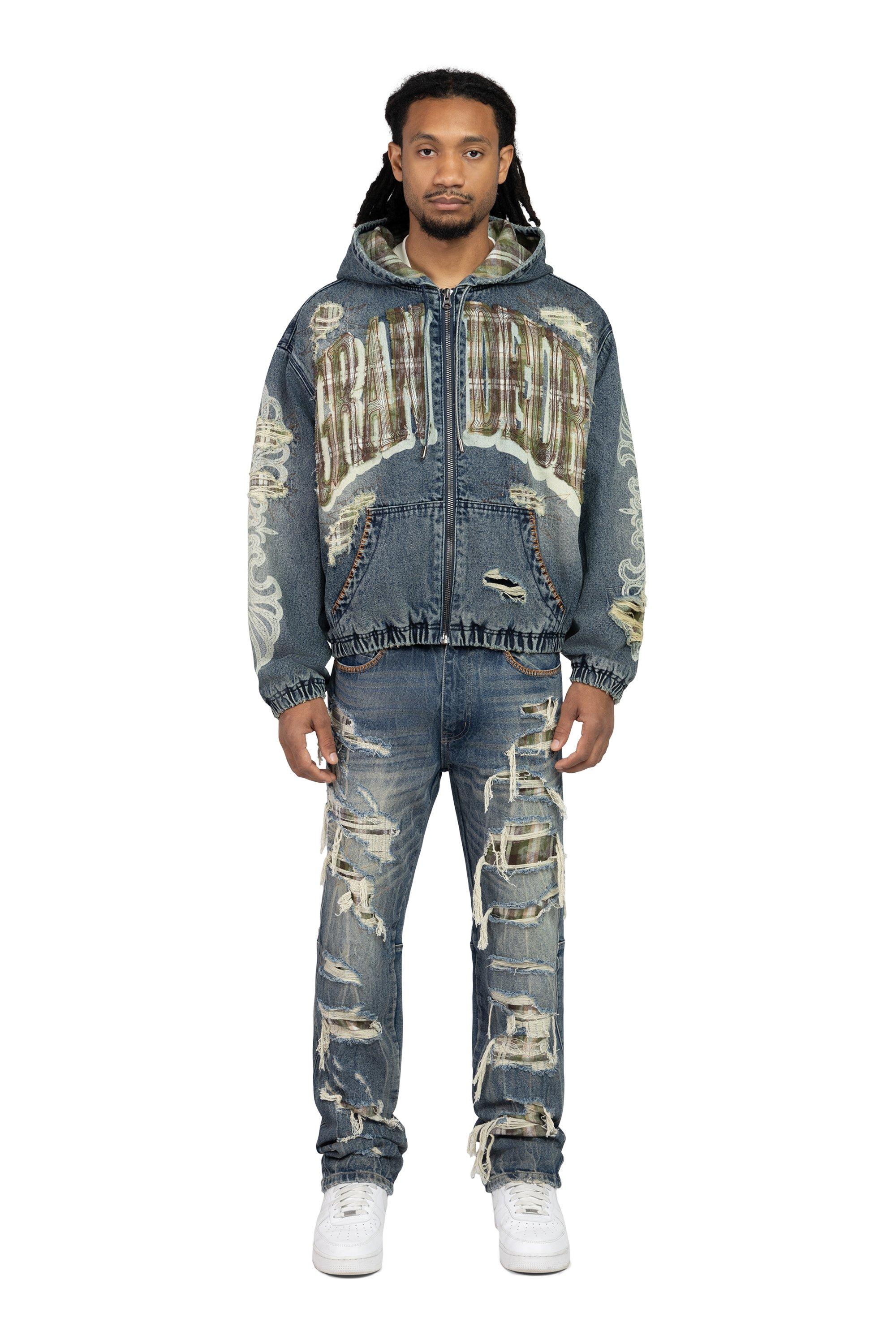 Smoke Rise Men's Straight Fit Grandeur Plaid Backed Denim Jeans - Fordham Blue - BLUE Thumbnail View 1