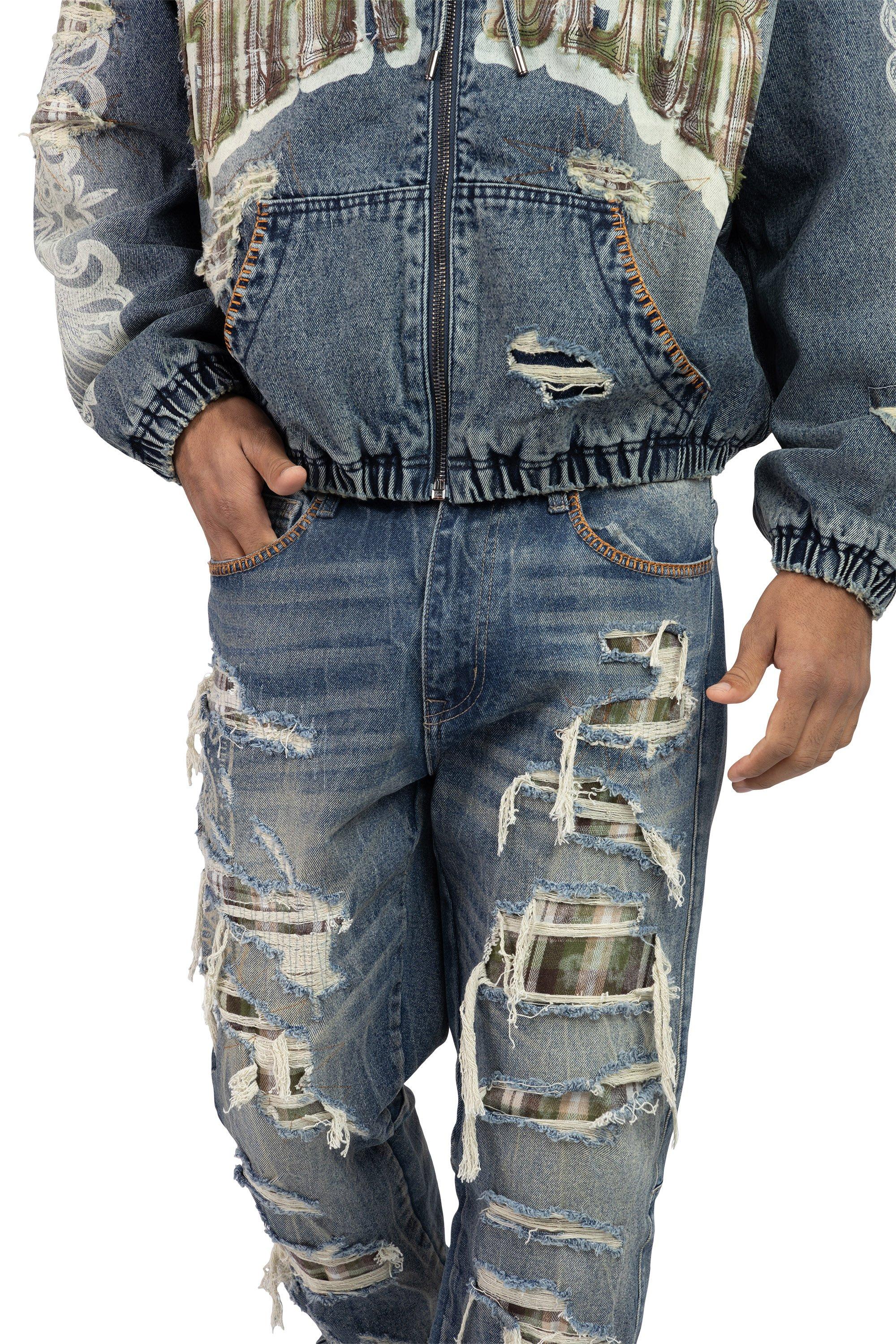 Smoke Rise Men's Straight Fit Grandeur Plaid Backed Denim Jeans - Fordham Blue - BLUE Thumbnail View 5