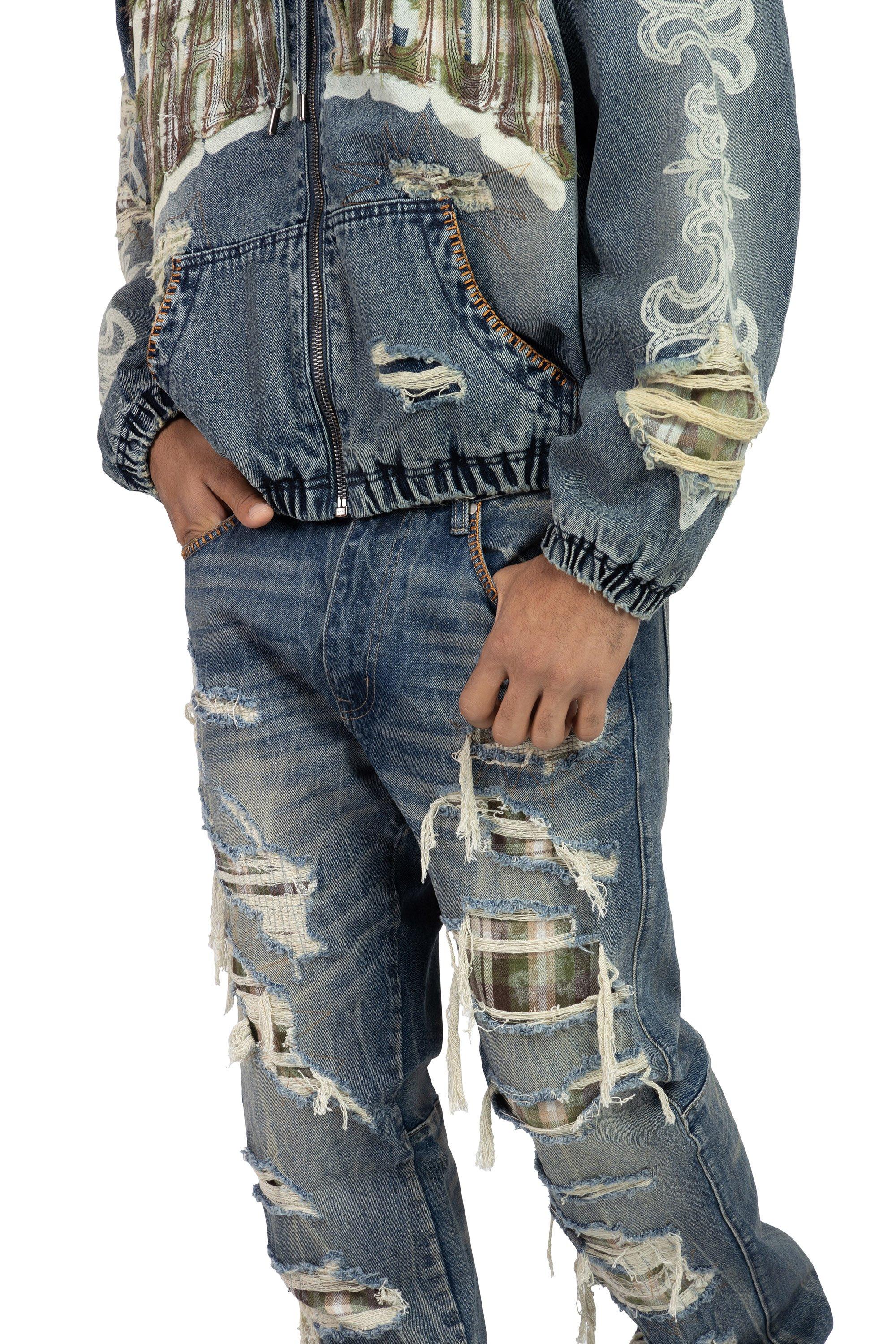 Smoke Rise Men's Straight Fit Grandeur Plaid Backed Denim Jeans - Fordham Blue - BLUE Thumbnail View 6