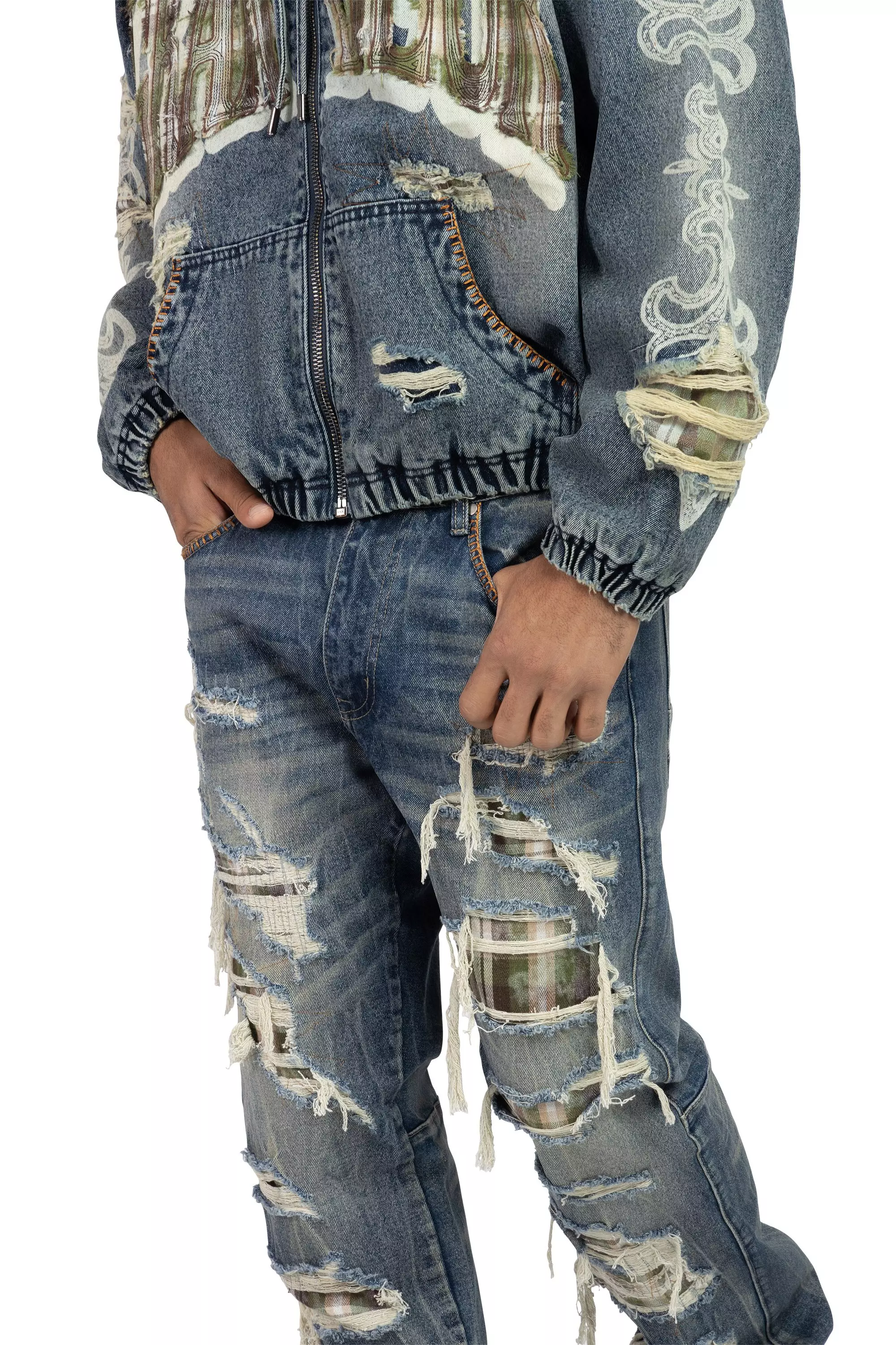 Smoke Rise Men's Straight Fit Grandeur Plaid Backed Denim Jeans - Fordham Blue - BLUE