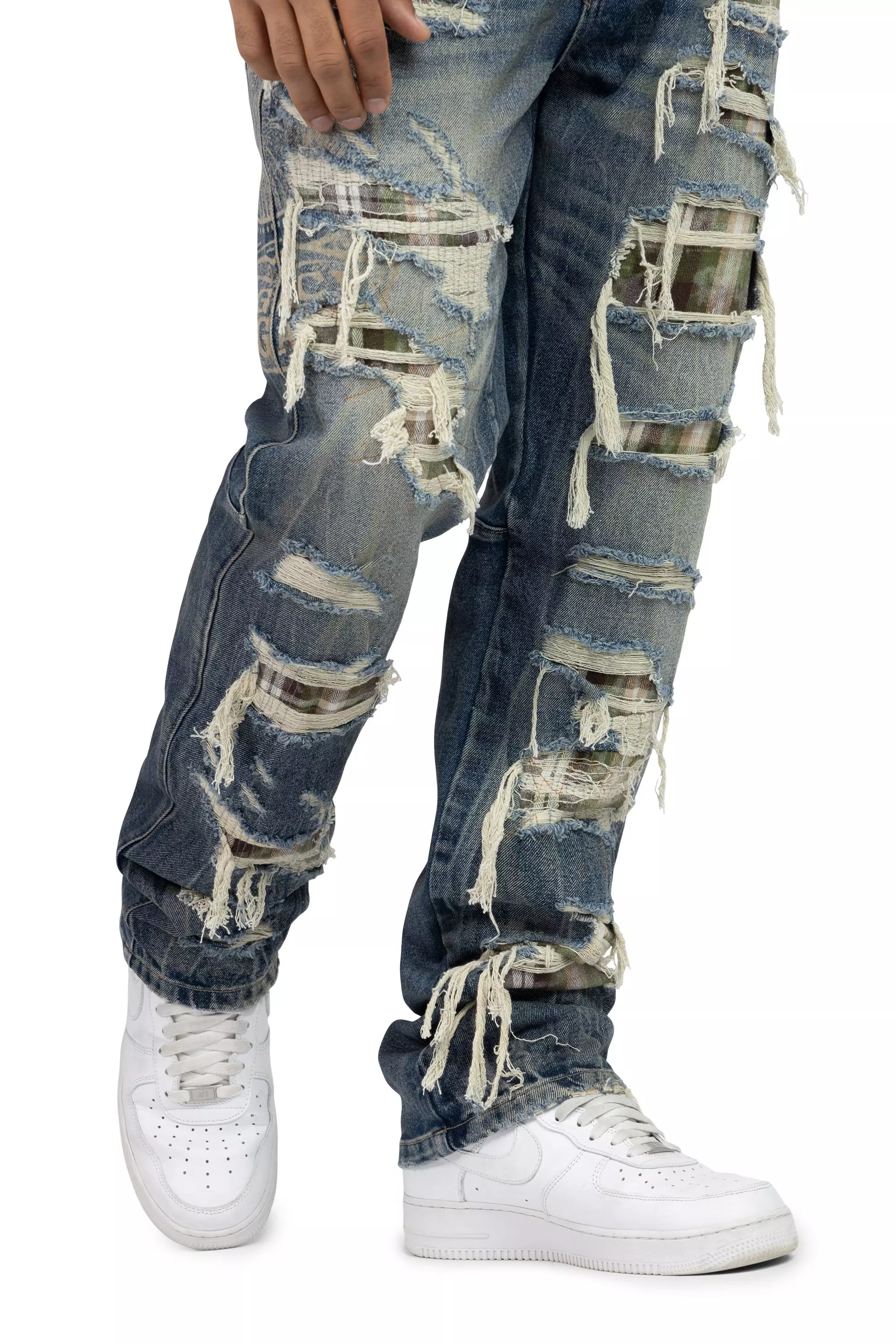 Smoke Rise Men's Straight Fit Grandeur Plaid Backed Denim Jeans - Fordham Blue - BLUE