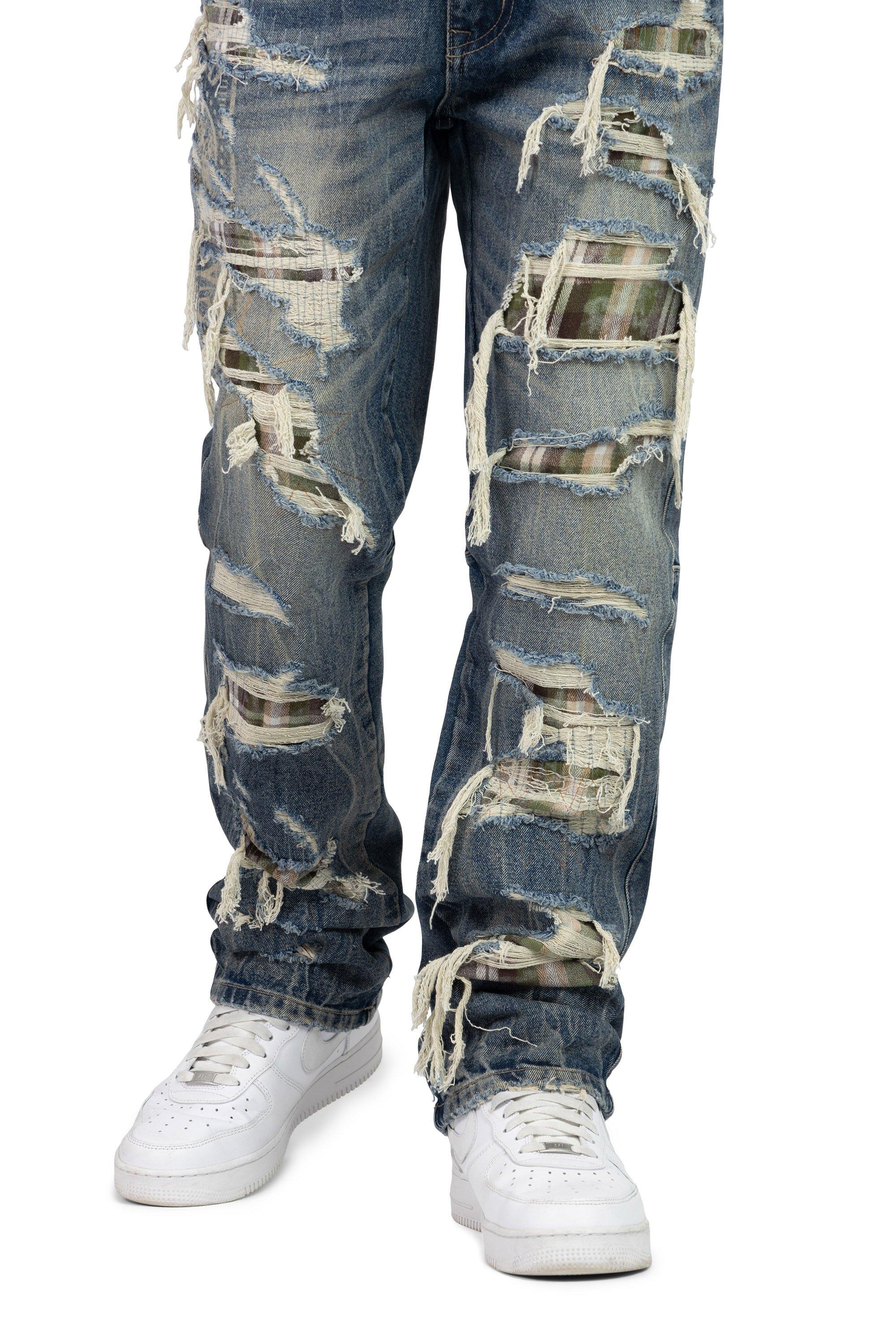 Smoke Rise Men's Straight Fit Grandeur Plaid Backed Denim Jeans - Fordham Blue - BLUE Thumbnail View 9