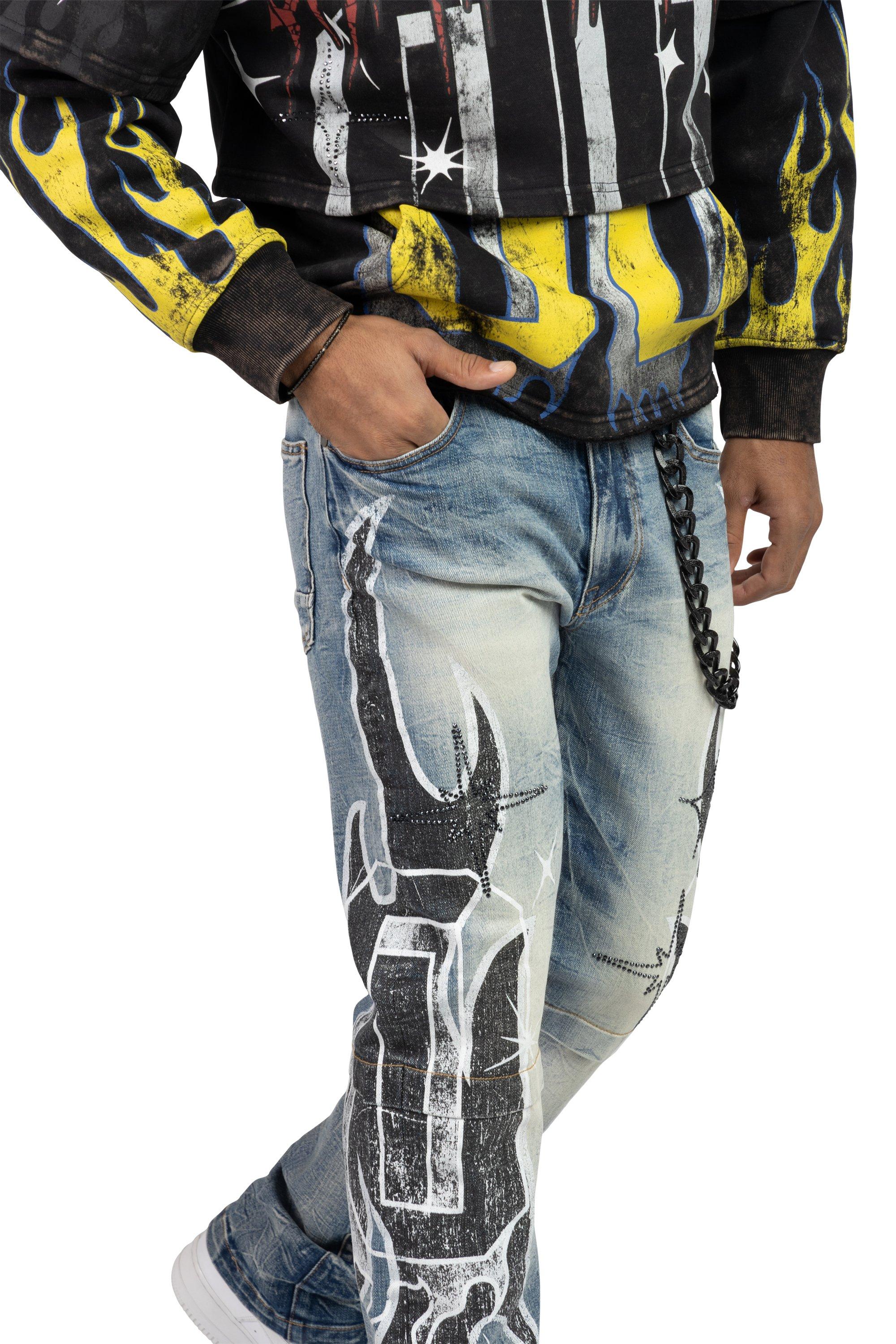 Smoke Rise Men's Straight Fit Unbreakable Flames Denim Jeans - Rhodes Blue - BLUE Thumbnail View 6