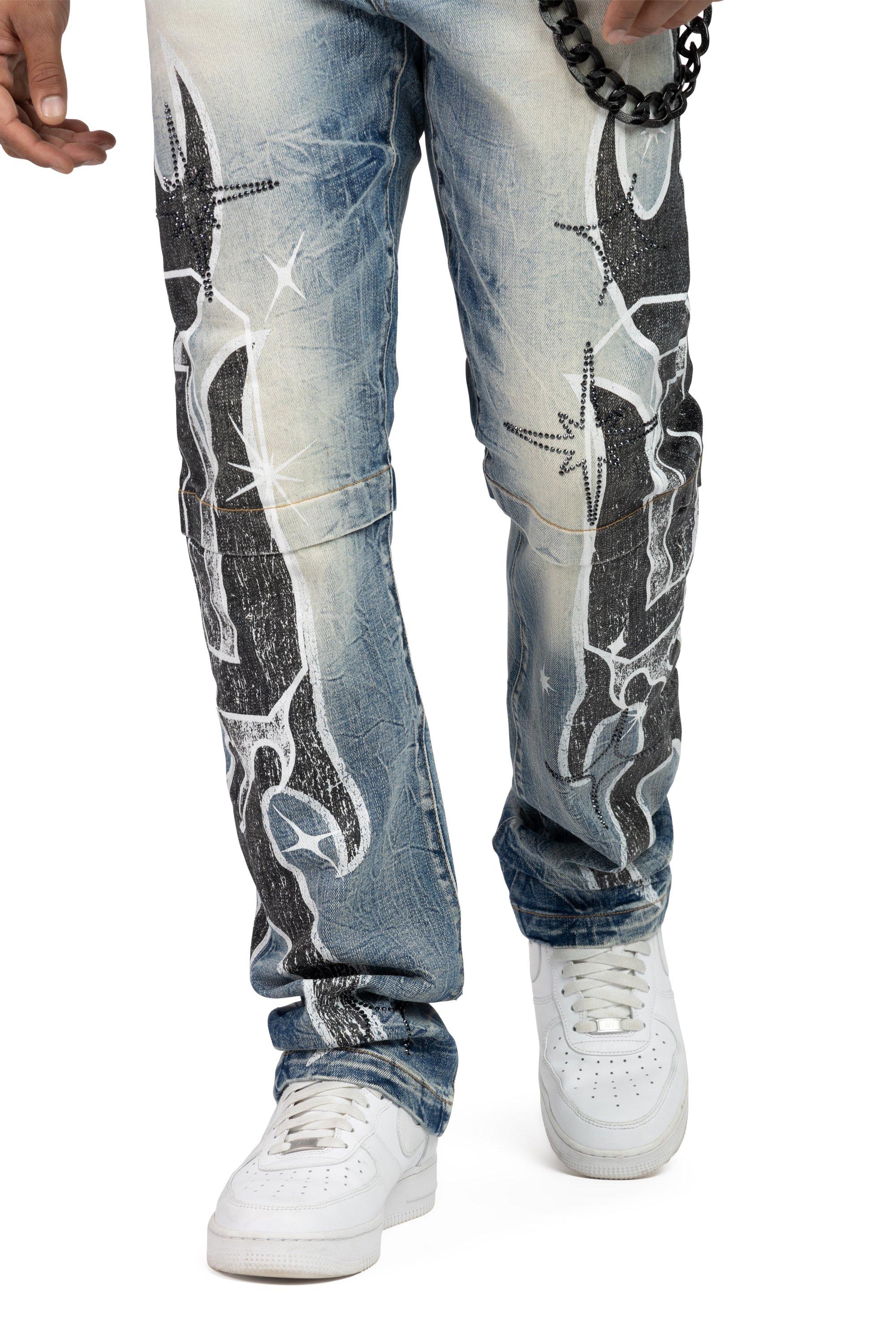 Smoke Rise Men's Straight Fit Unbreakable Flames Denim Jeans - Rhodes Blue - BLUE Thumbnail View 7