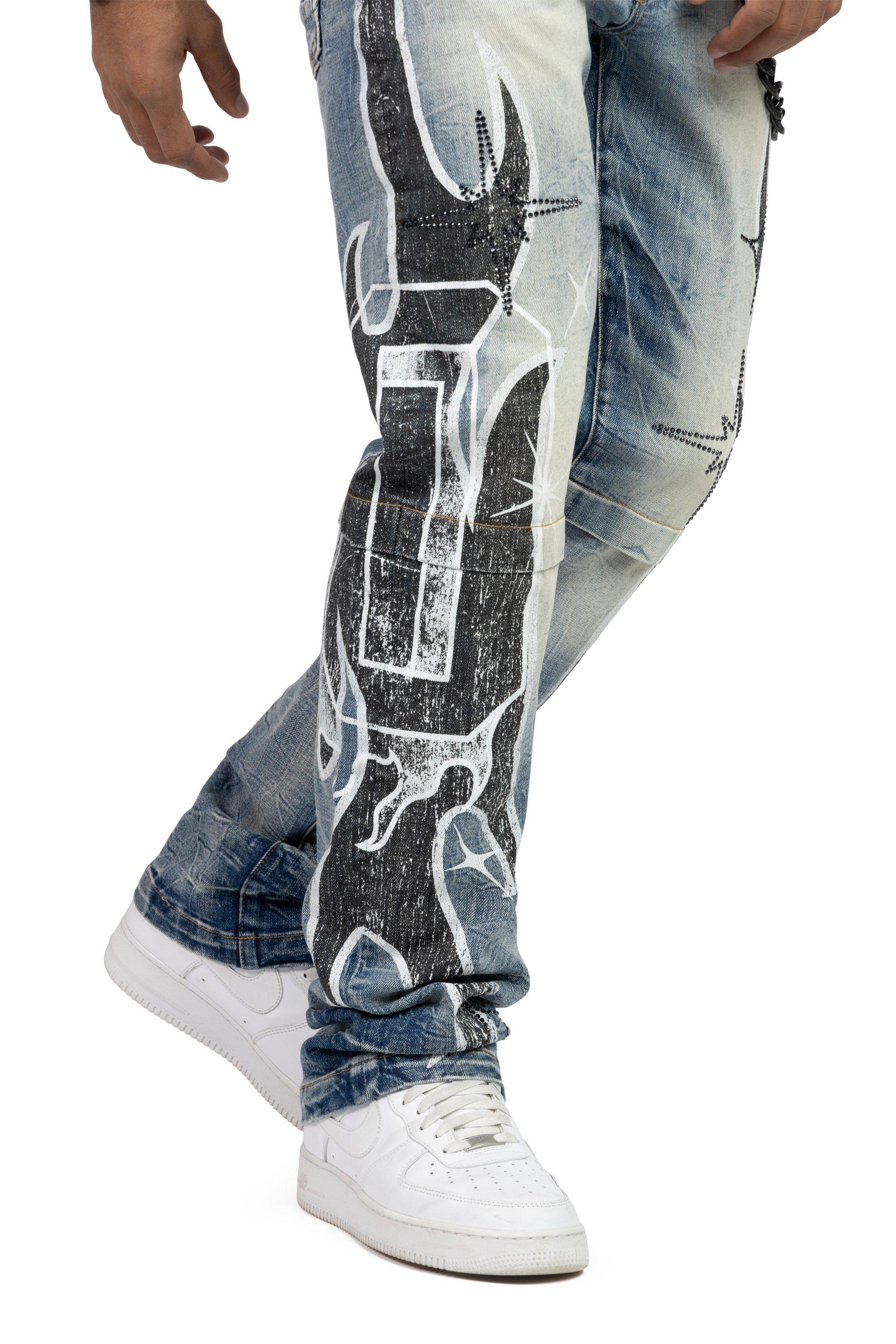 Smoke Rise Men's Straight Fit Unbreakable Flames Denim Jeans - Rhodes Blue - BLUE Thumbnail View 9