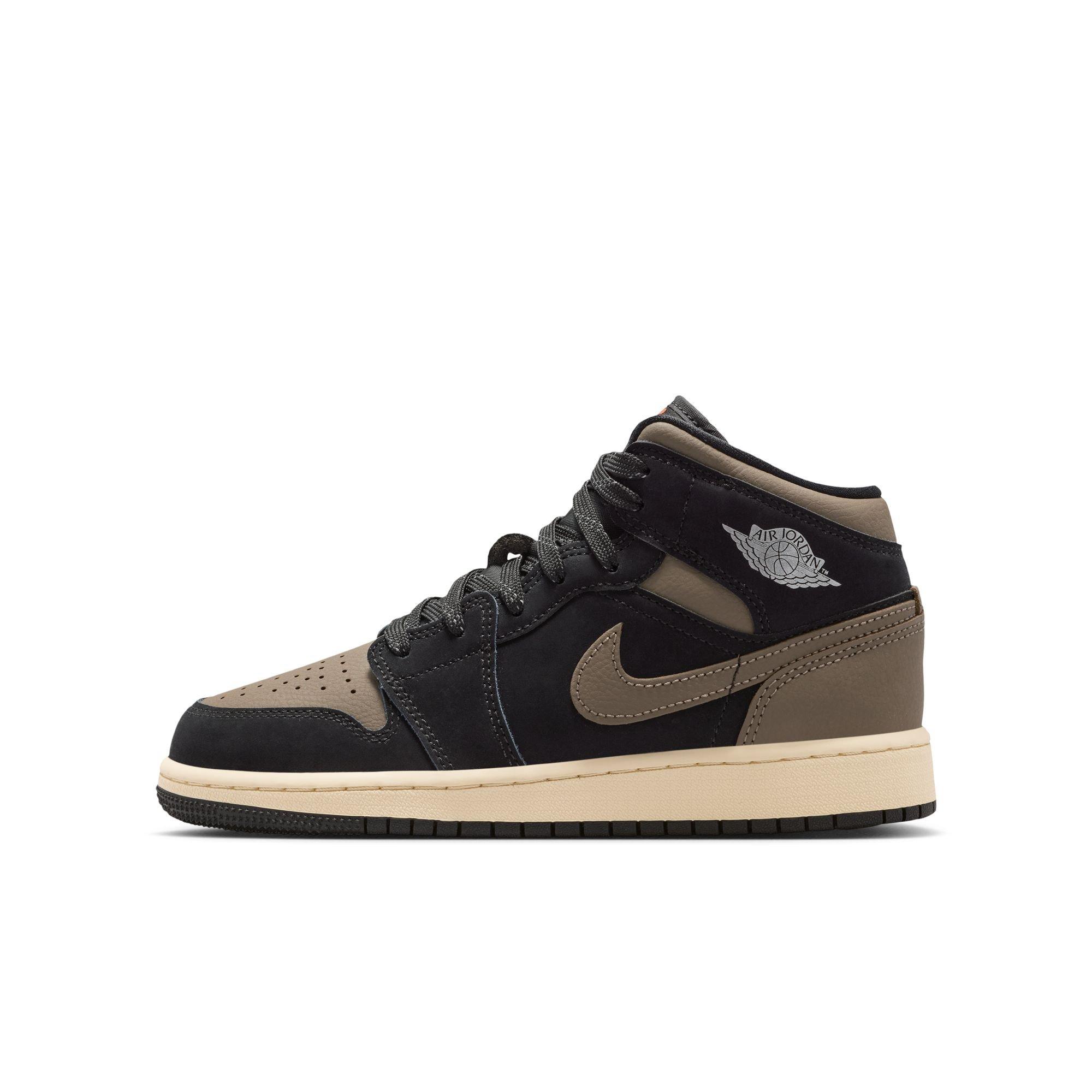 Jordan 1 Mid SE "Black/Olive Grey/Lt Wild Mango/Muslin" Grade School Boys' Shoe - BLACK/OLIVE Thumbnail View 3