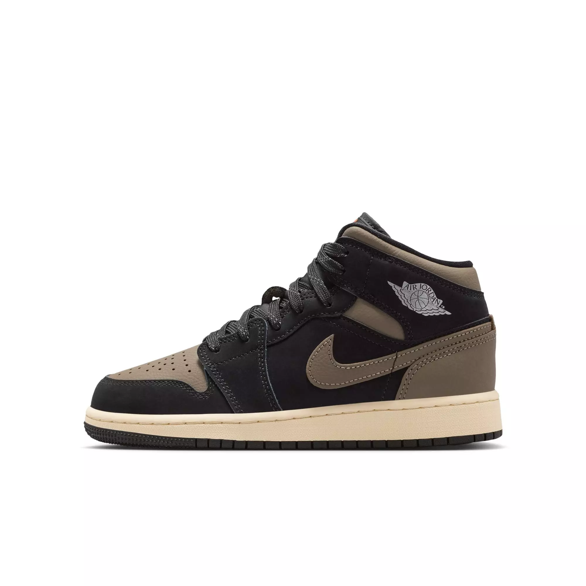 Jordan 1 Mid SE "Black/Olive Grey/Lt Wild Mango/Muslin" Grade School Boys' Shoe - BLACK/OLIVE