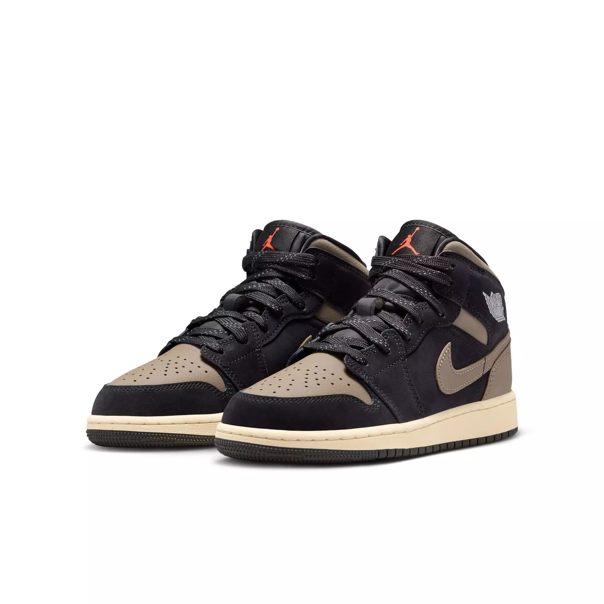 Jordan 1 Mid SE "Black/Olive Grey/Lt Wild Mango/Muslin" Grade School Boys' Shoe - BLACK/OLIVE