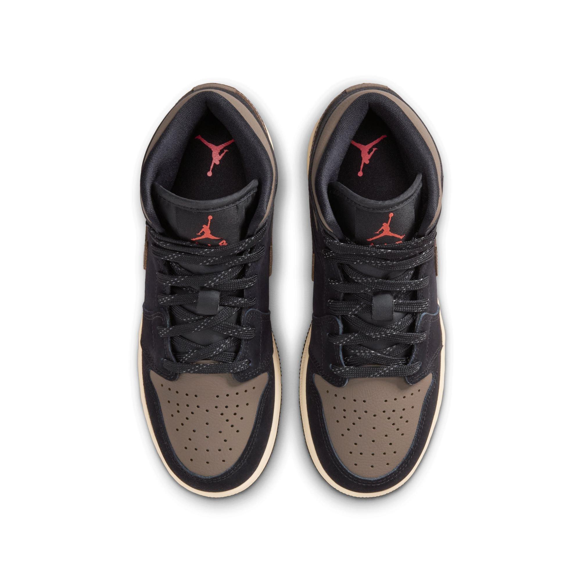 Jordan 1 Mid SE "Black/Olive Grey/Lt Wild Mango/Muslin" Grade School Boys' Shoe - BLACK/OLIVE Thumbnail View 6