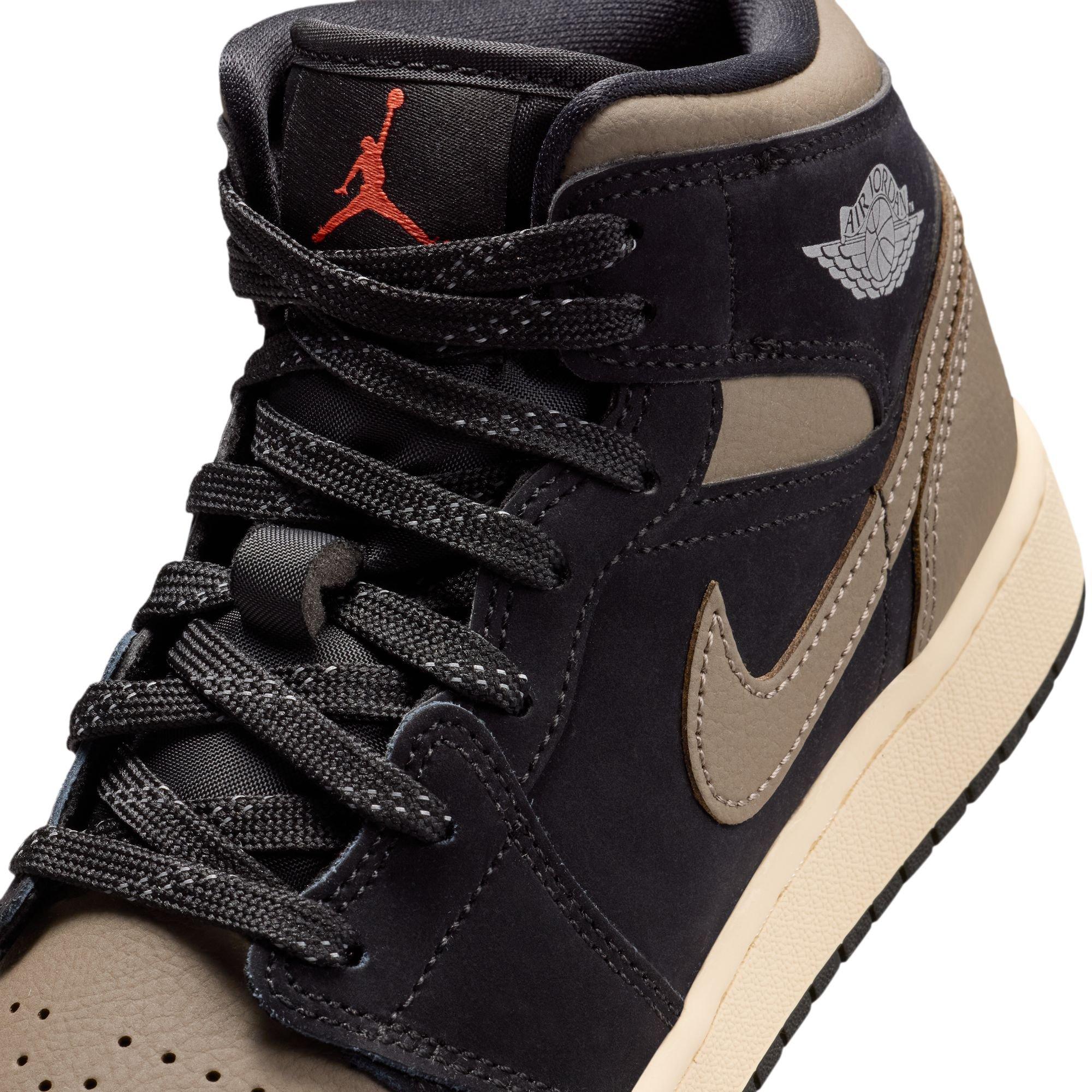 Jordan 1 Mid SE "Black/Olive Grey/Lt Wild Mango/Muslin" Grade School Boys' Shoe - BLACK/OLIVE Thumbnail View 10