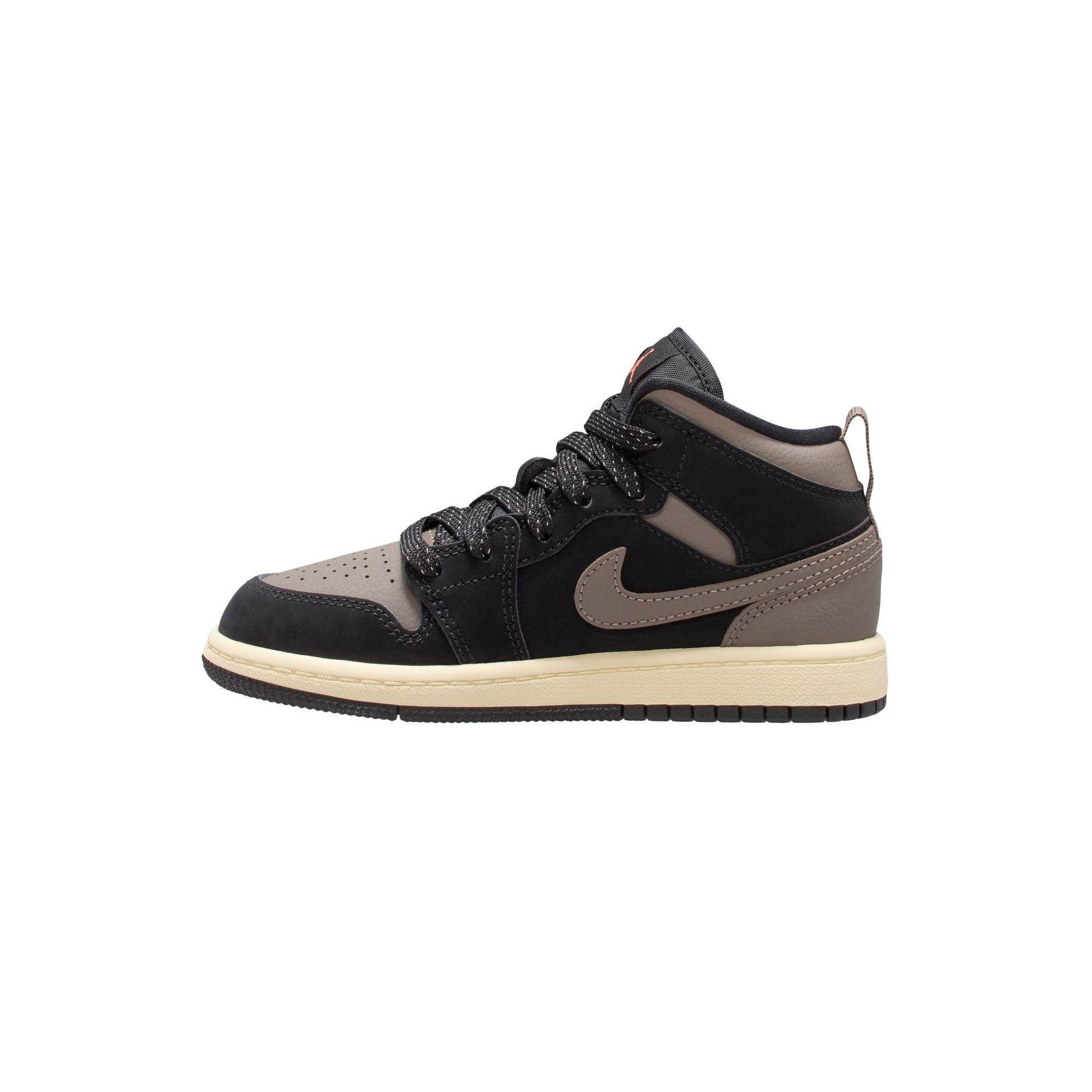 Jordan 1 Mid SE "Black/Olive Grey/Lt Wild Mango/Muslin" Preschool Boys' Shoe - BLACK/OLIVE Thumbnail View 4