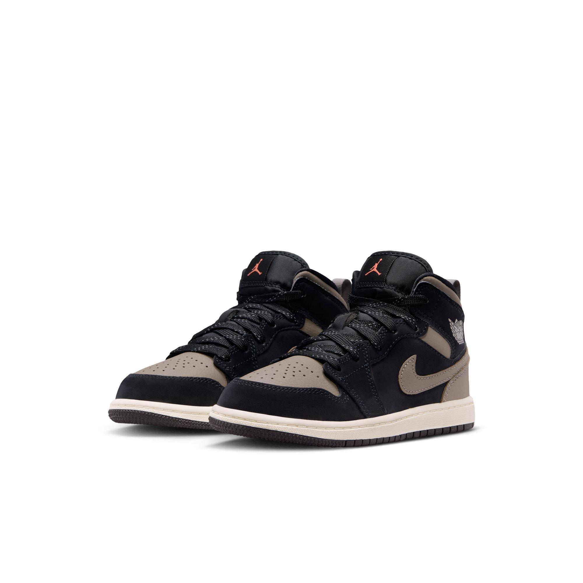 Jordan 1 Mid SE "Black/Olive Grey/Lt Wild Mango/Muslin" Preschool Boys' Shoe - BLACK/OLIVE Thumbnail View 5