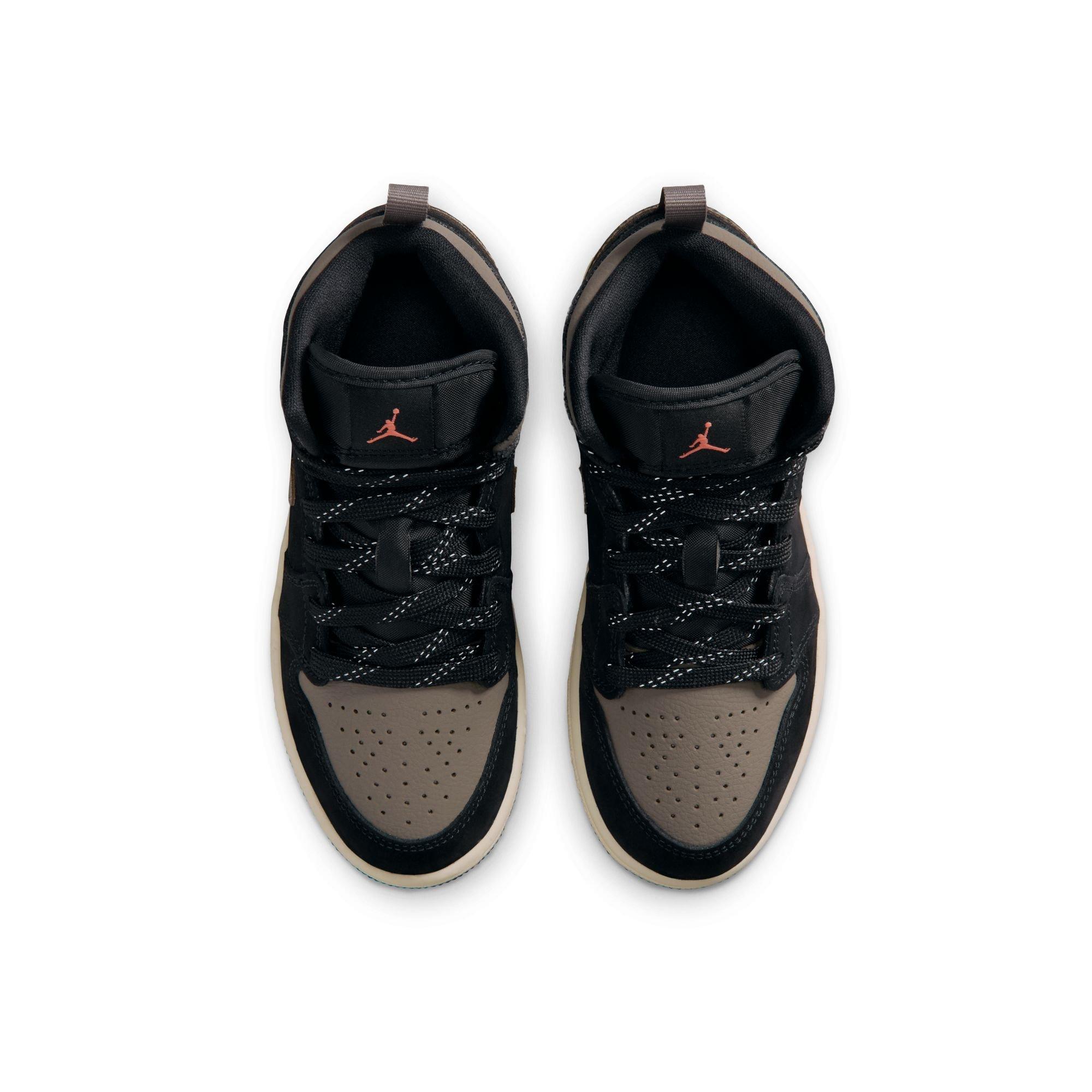 Jordan 1 Mid SE "Black/Olive Grey/Lt Wild Mango/Muslin" Preschool Boys' Shoe - BLACK/OLIVE Thumbnail View 6