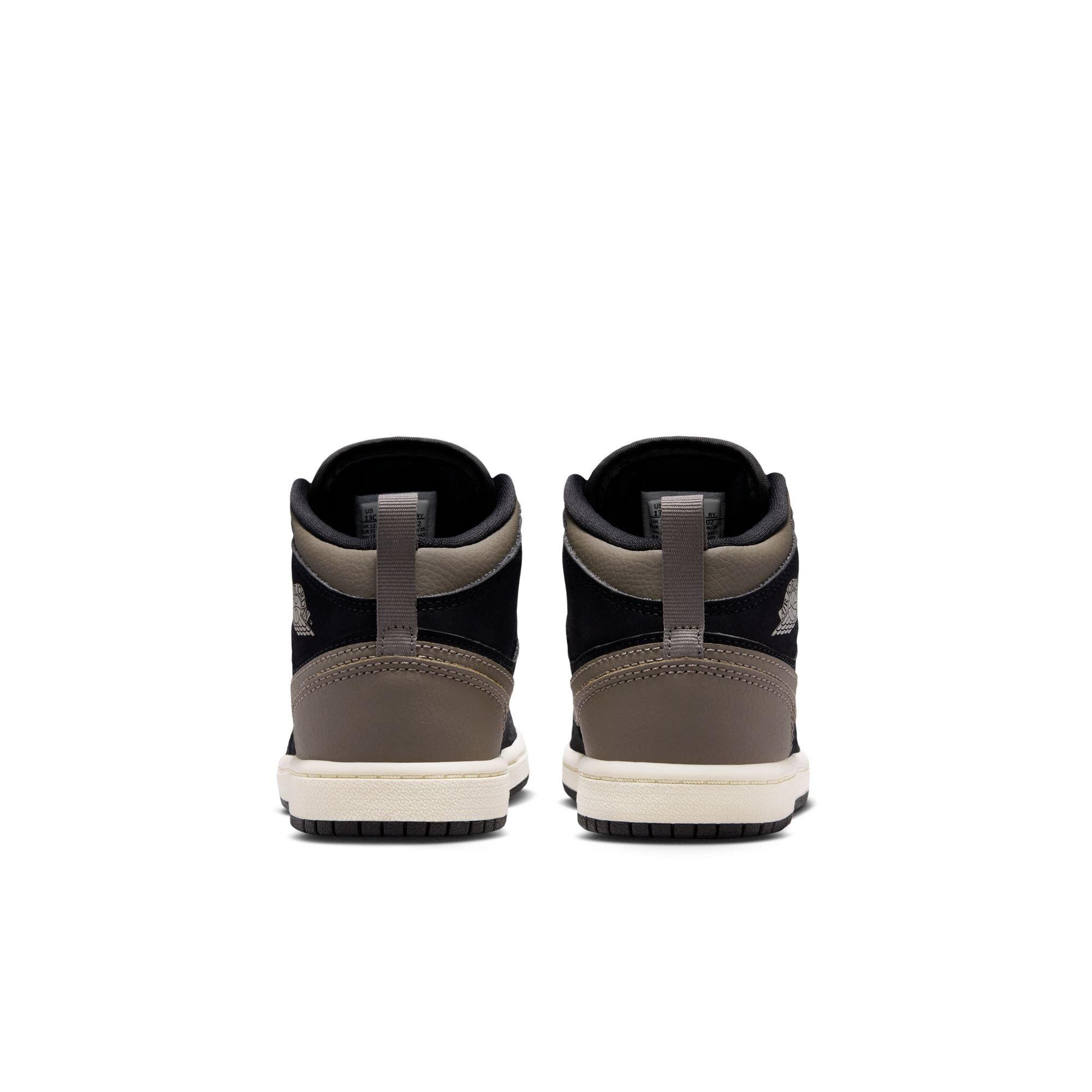 Jordan 1 Mid SE "Black/Olive Grey/Lt Wild Mango/Muslin" Preschool Boys' Shoe - BLACK/OLIVE Thumbnail View 7