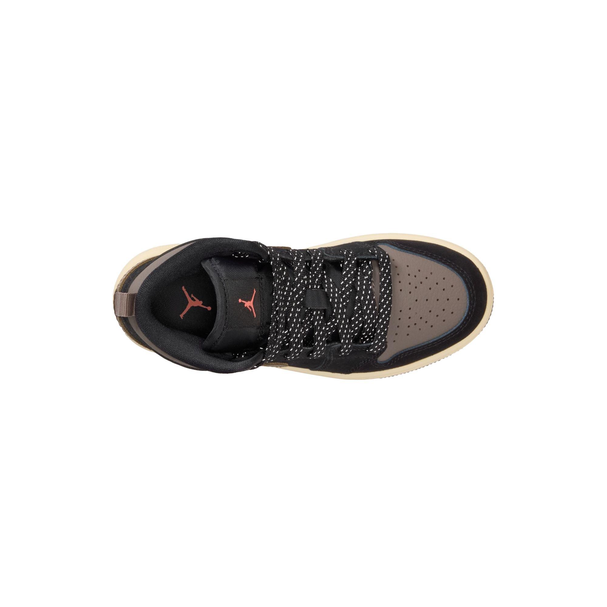 Jordan 1 Mid SE "Black/Olive Grey/Lt Wild Mango/Muslin" Preschool Boys' Shoe - BLACK/OLIVE Thumbnail View 8
