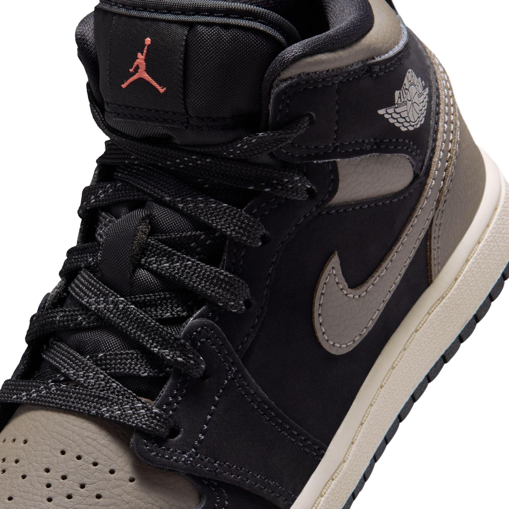 Jordan 1 Mid SE "Black/Olive Grey/Lt Wild Mango/Muslin" Preschool Boys' Shoe - BLACK/OLIVE Thumbnail View 10