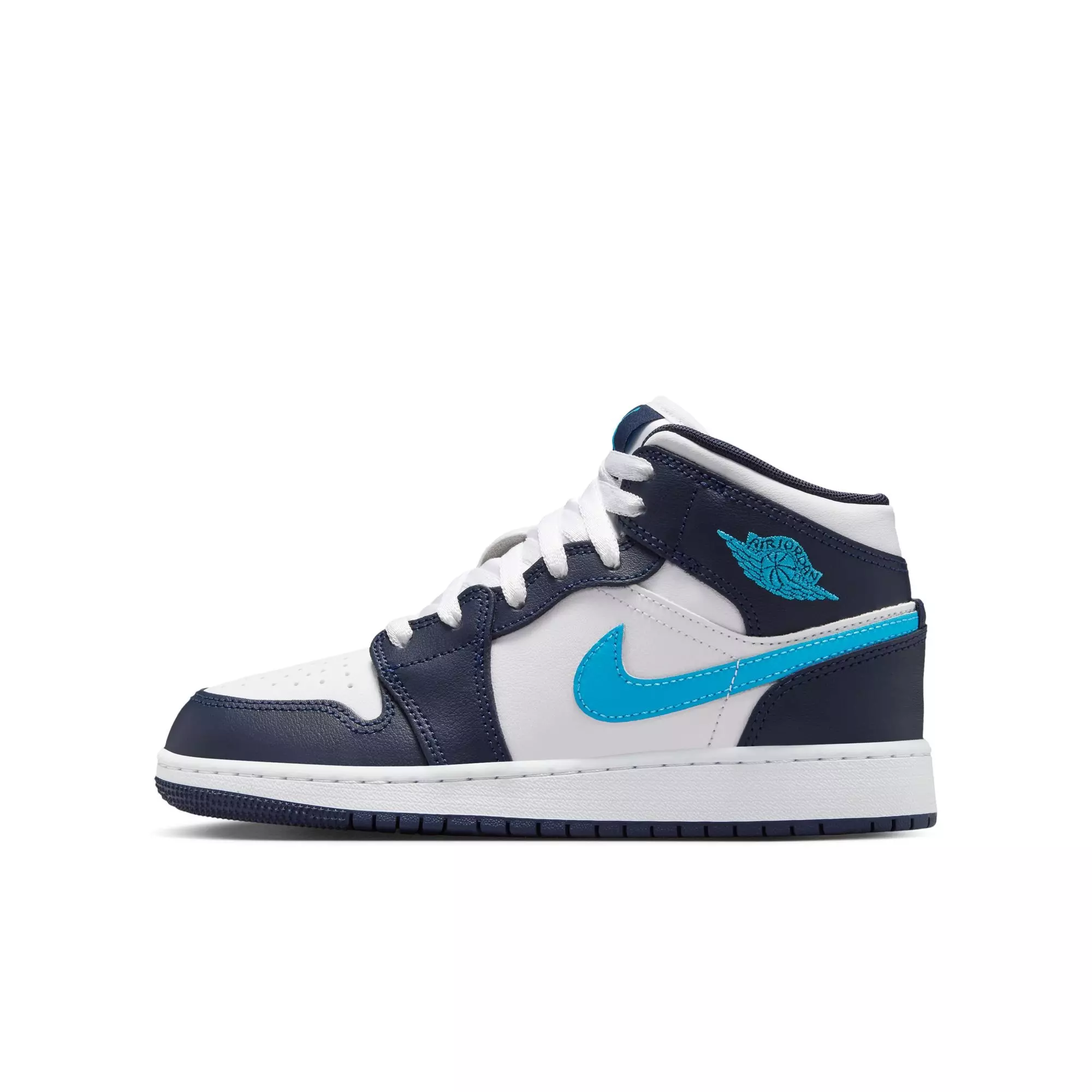 Jordan 1 Mid "Obsidian/Dk Powder Blue/White" Grade School Boys' Shoe - BLUE/WHITE