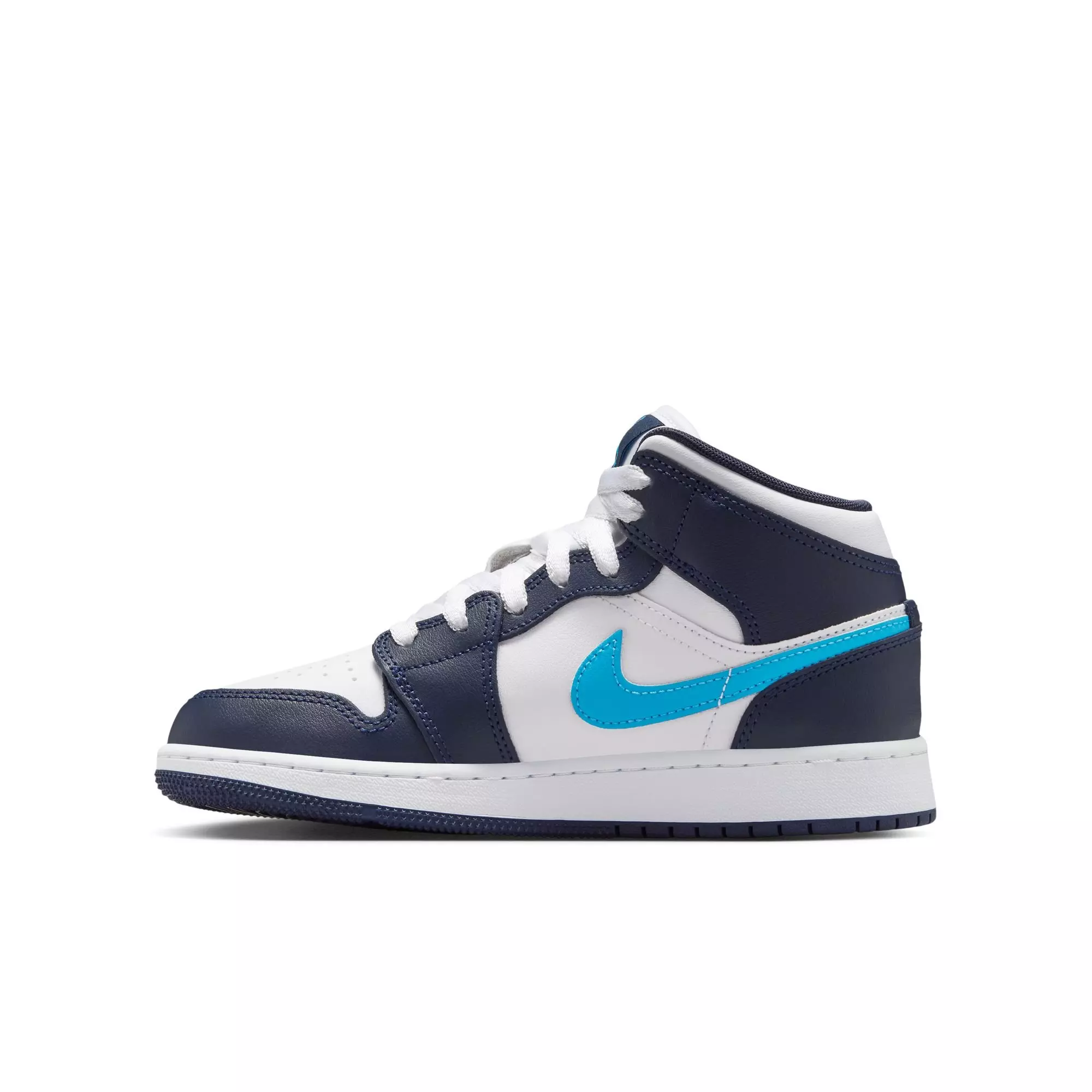 Jordan 1 Mid "Obsidian/Dk Powder Blue/White" Grade School Boys' Shoe - BLUE/WHITE