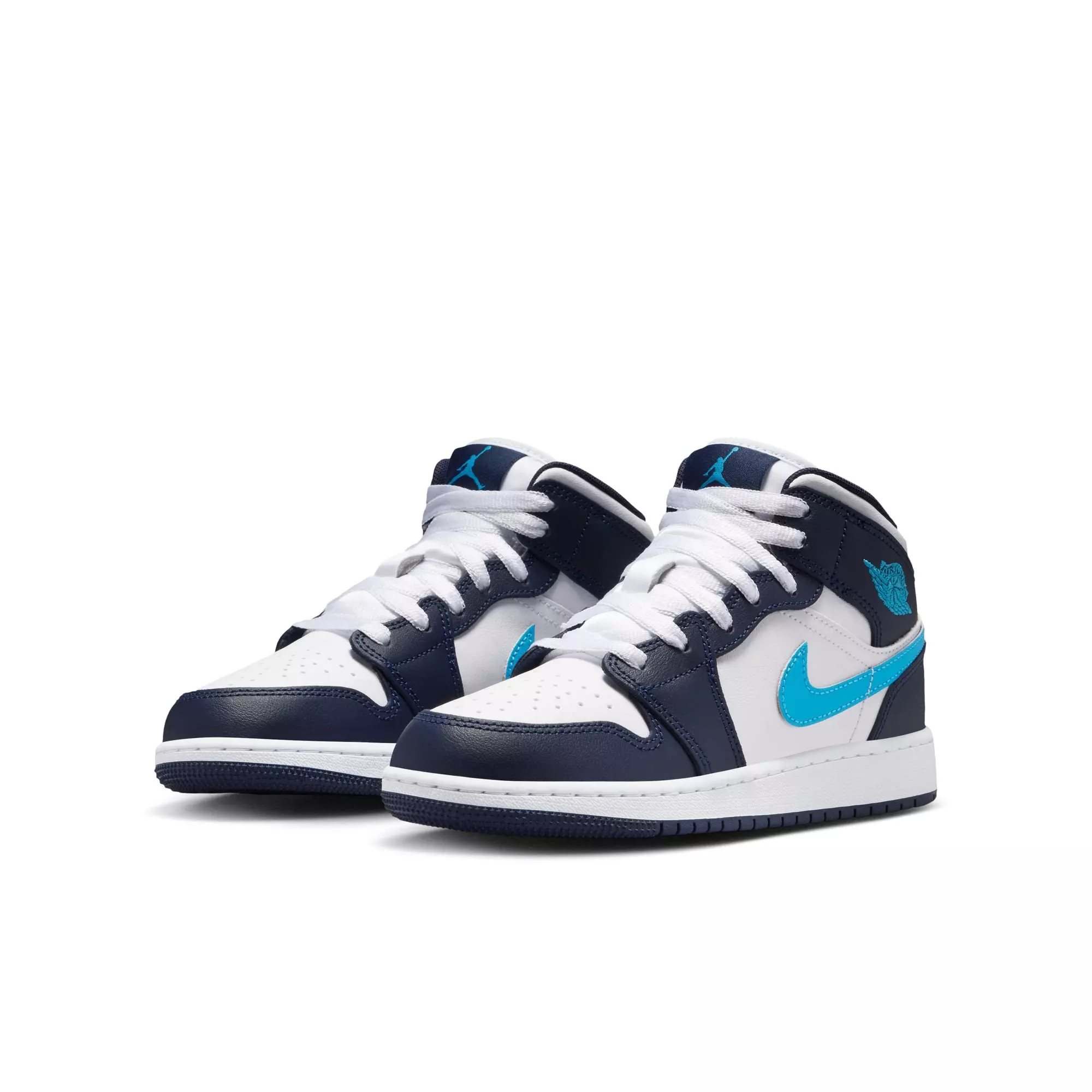 Jordan 1 Mid "Obsidian/Dk Powder Blue/White" Grade School Boys' Shoe - BLUE/WHITE