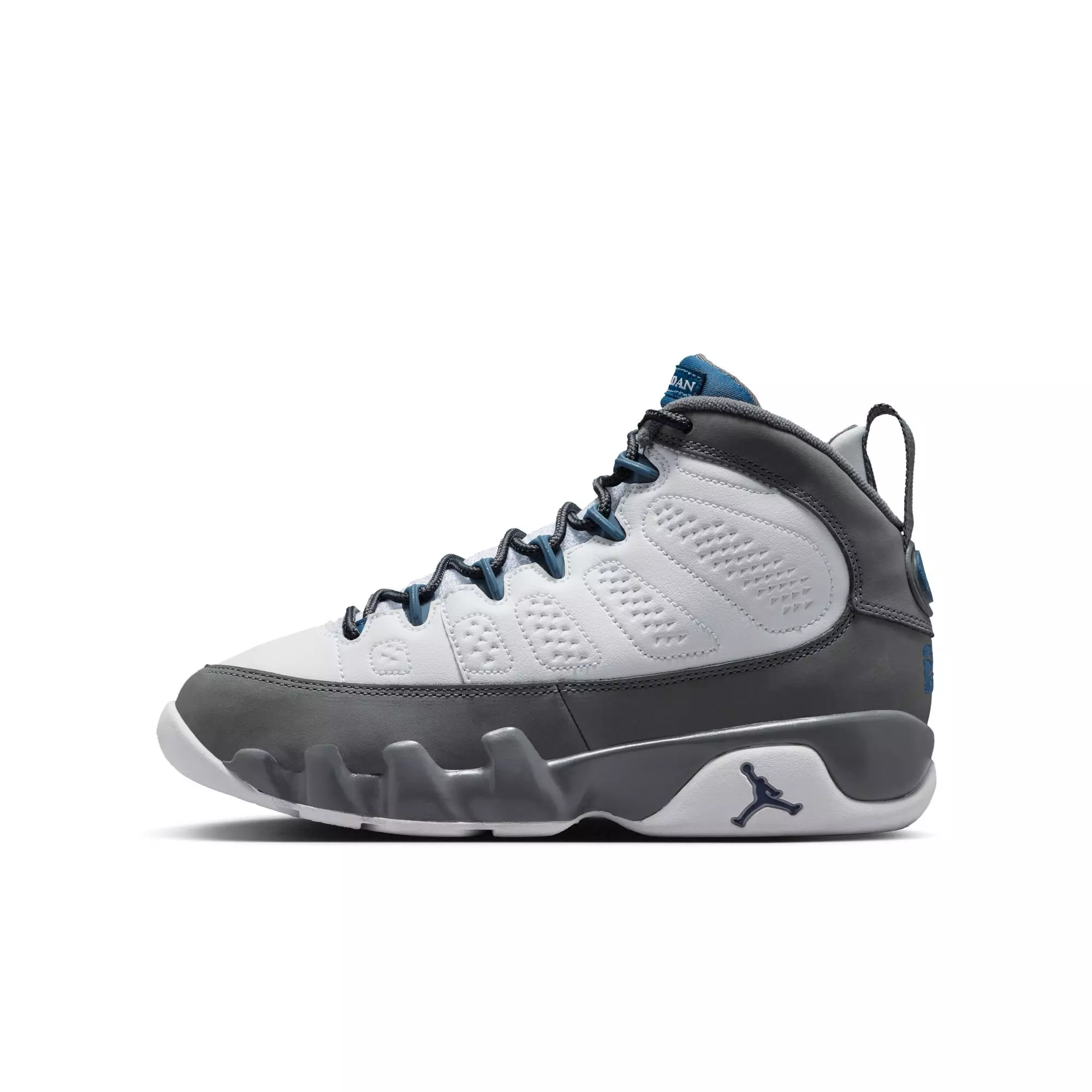 Jordan 9 Retro "Flint Grey" Grade School Kids' Shoe - WHITE/FRENCH BLUE/FLINT GREY