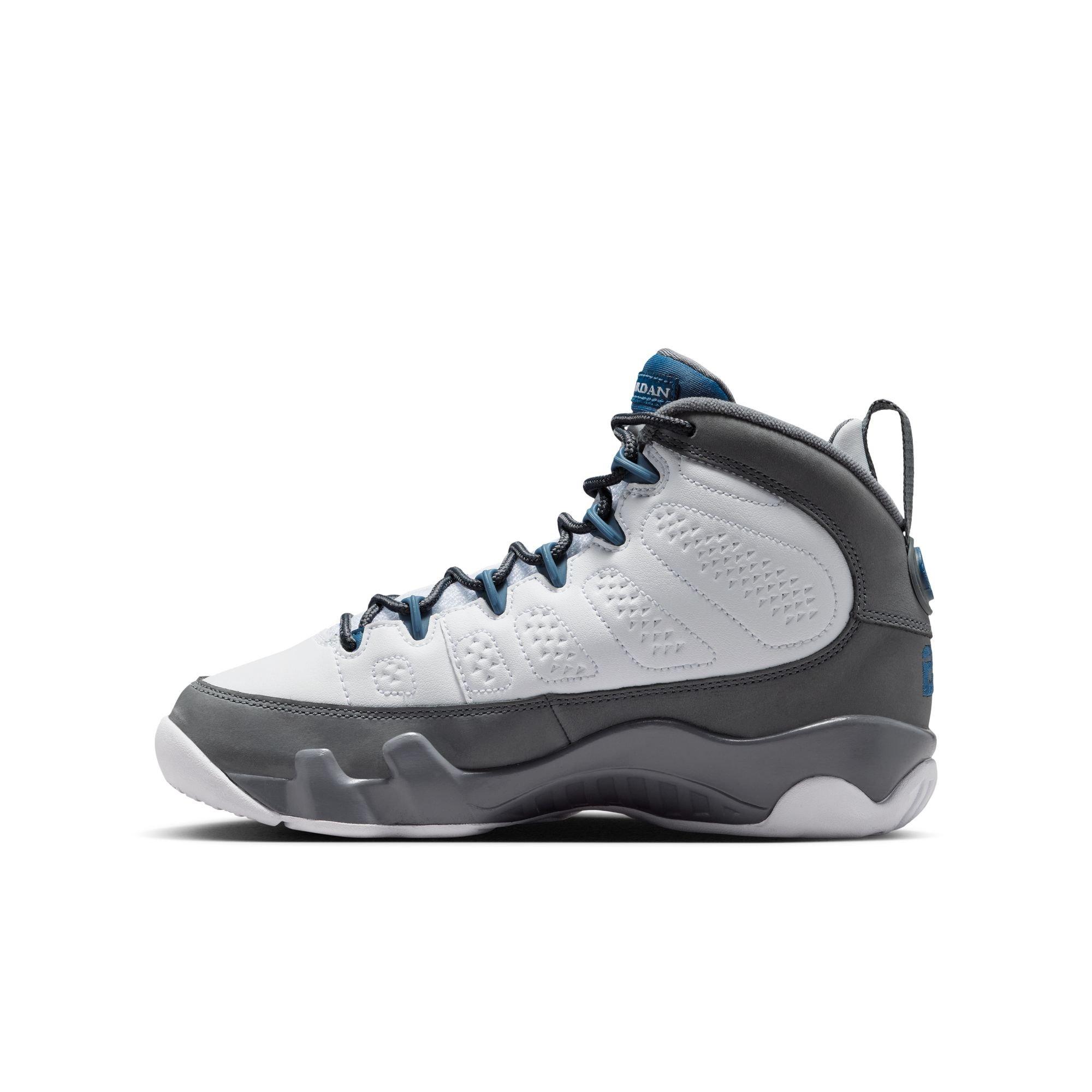 Jordan 9 Retro "Flint Grey" Grade School Kids' Shoe - WHITE/FRENCH BLUE/FLINT GREY Thumbnail View 9