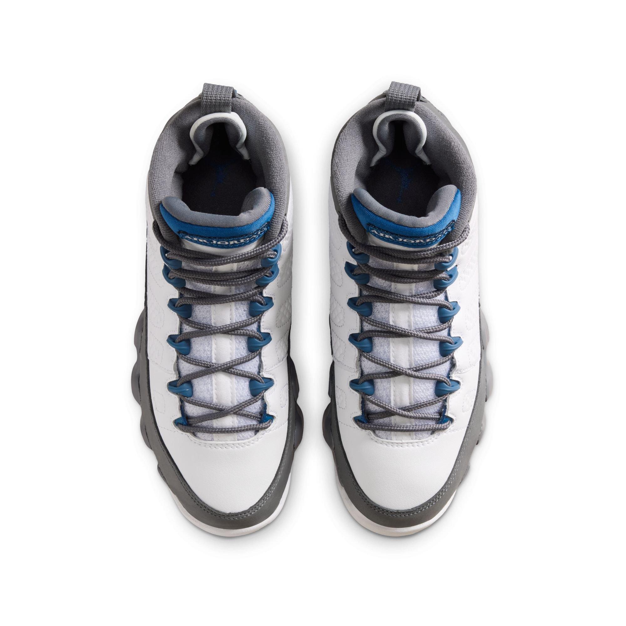 Jordan 9 Retro "Flint Grey" Grade School Kids' Shoe - WHITE/FRENCH BLUE/FLINT GREY Thumbnail View 11