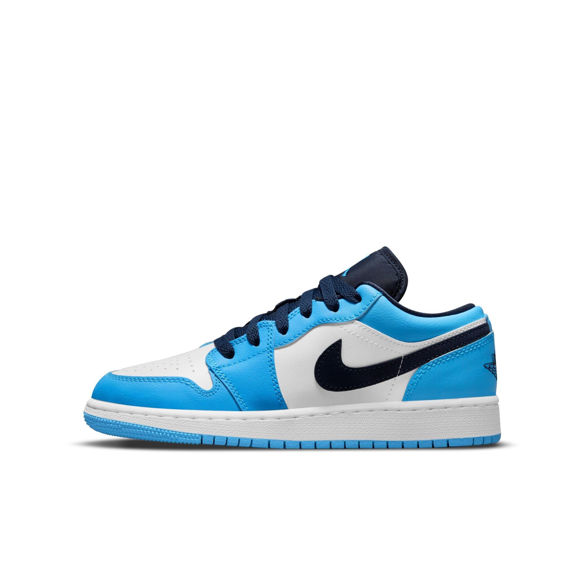 Jordan 1 Low "White/Dk Powder Blue/Obsidian" Grade School Boys' Shoe - BLUE/WHITE Thumbnail View 3