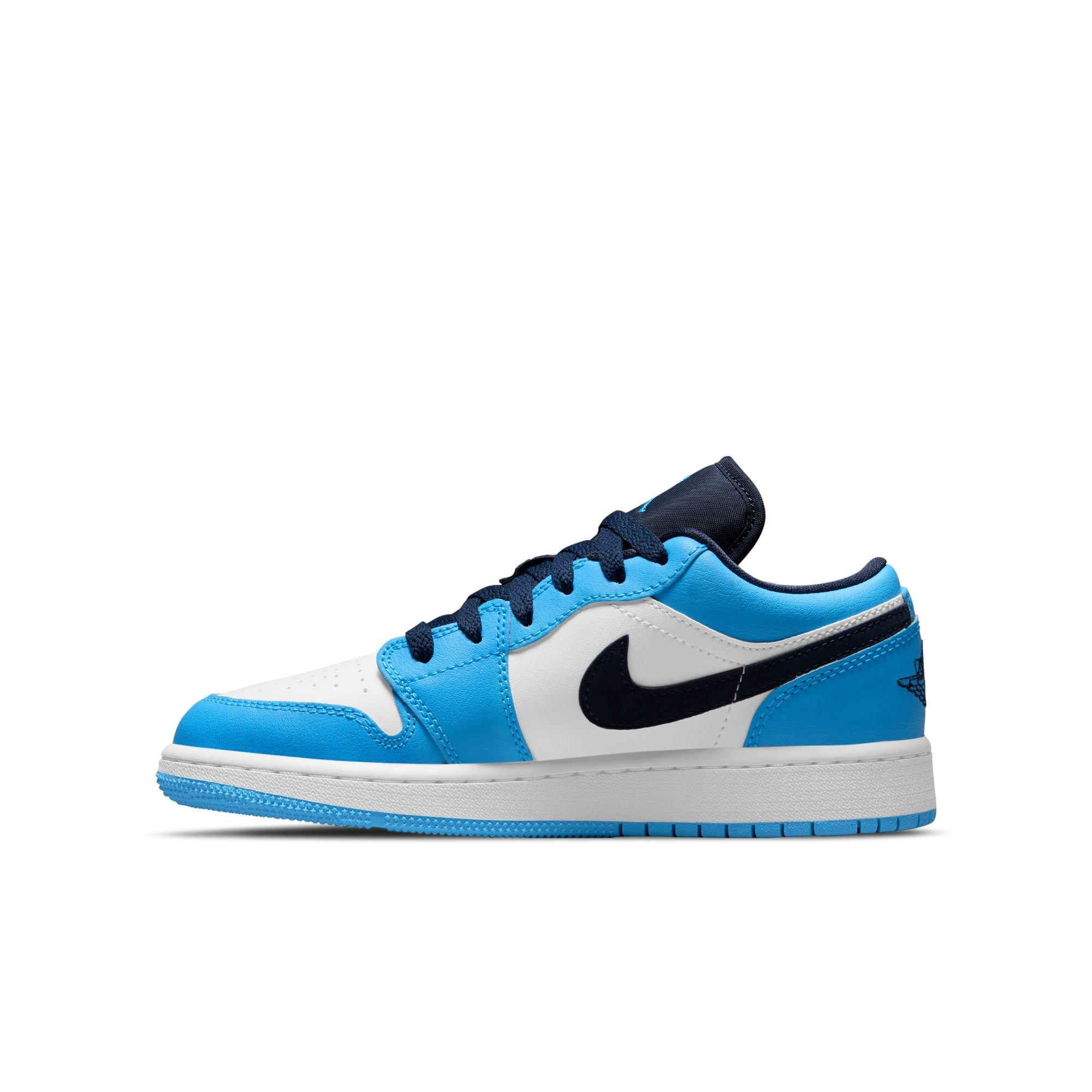 Jordan 1 Low "White/Dk Powder Blue/Obsidian" Grade School Boys' Shoe - BLUE/WHITE Thumbnail View 4