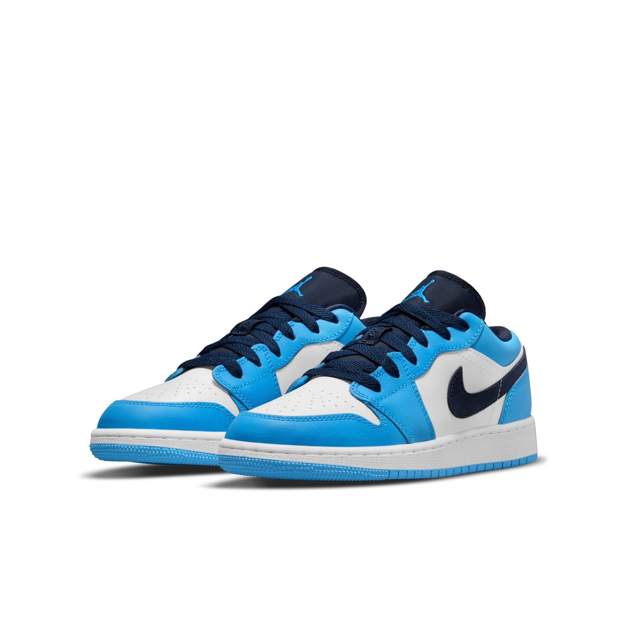Jordan 1 Low "White/Dk Powder Blue/Obsidian" Grade School Boys' Shoe - BLUE/WHITE Thumbnail View 5