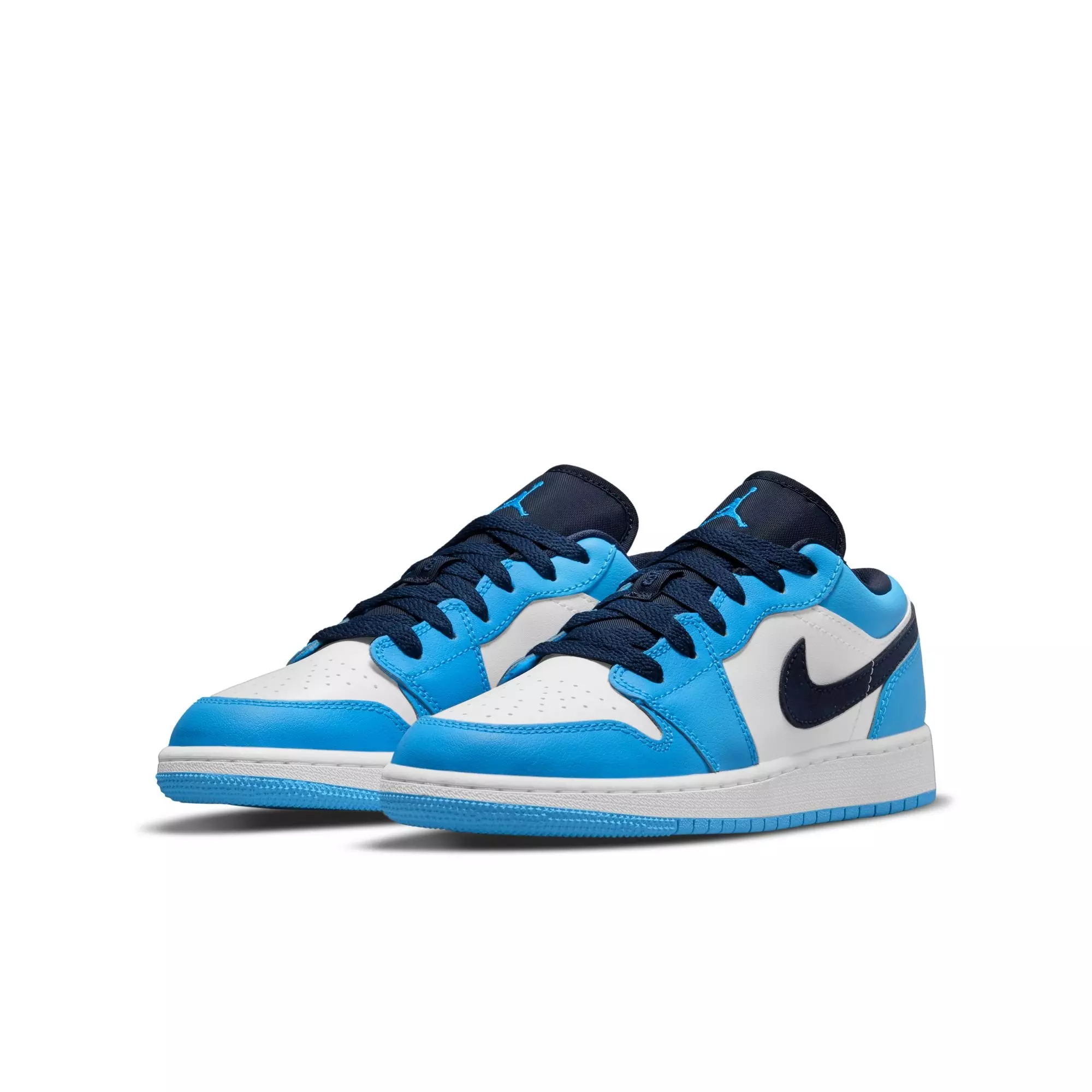 Jordan 1 Low "White/Dk Powder Blue/Obsidian" Grade School Boys' Shoe - BLUE/WHITE