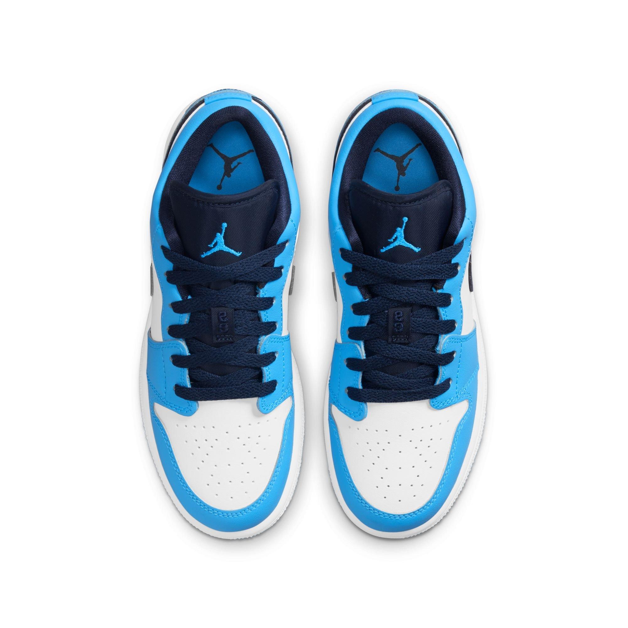 Jordan 1 Low "White/Dk Powder Blue/Obsidian" Grade School Boys' Shoe - BLUE/WHITE Thumbnail View 6