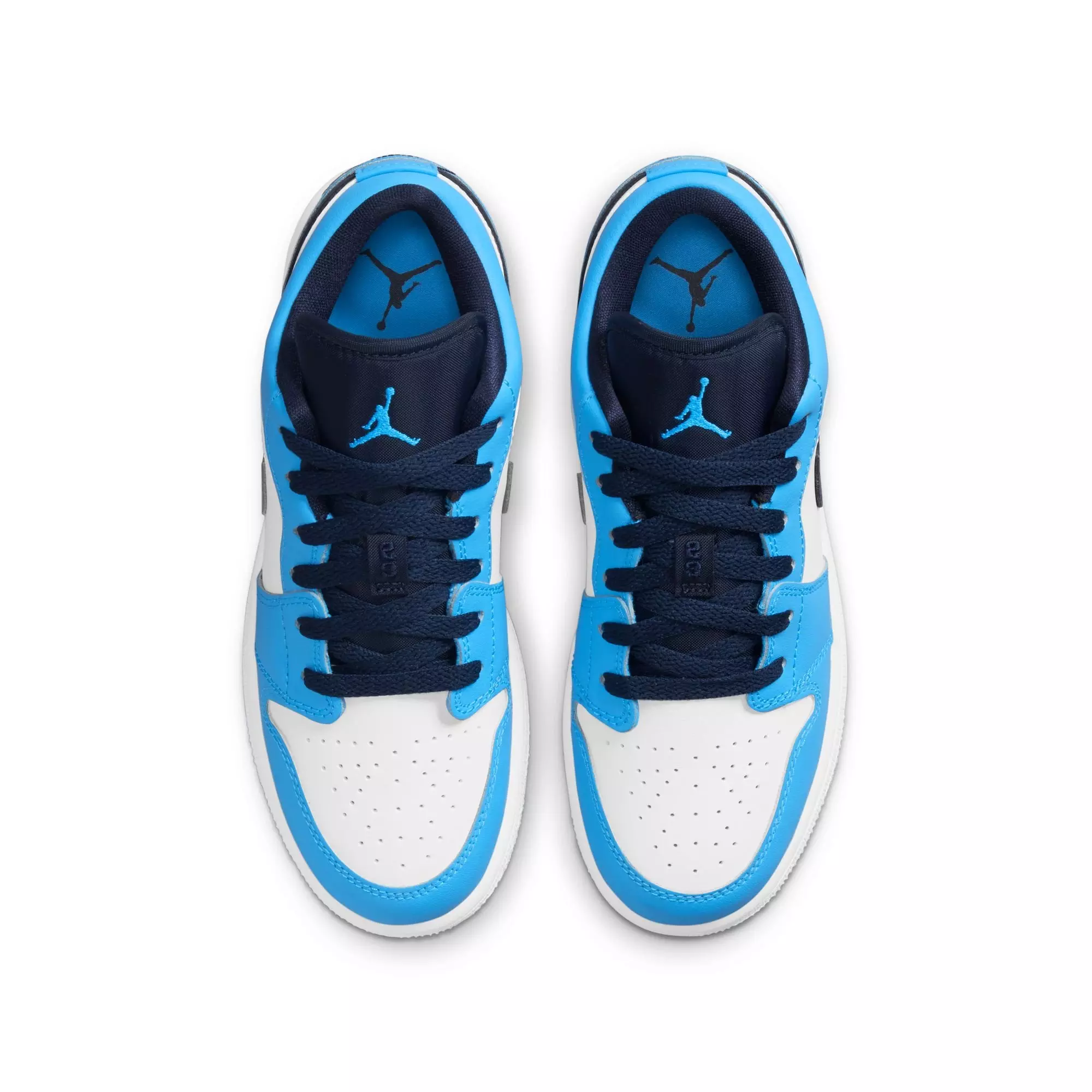 Jordan 1 Low "White/Dk Powder Blue/Obsidian" Grade School Boys' Shoe - BLUE/WHITE