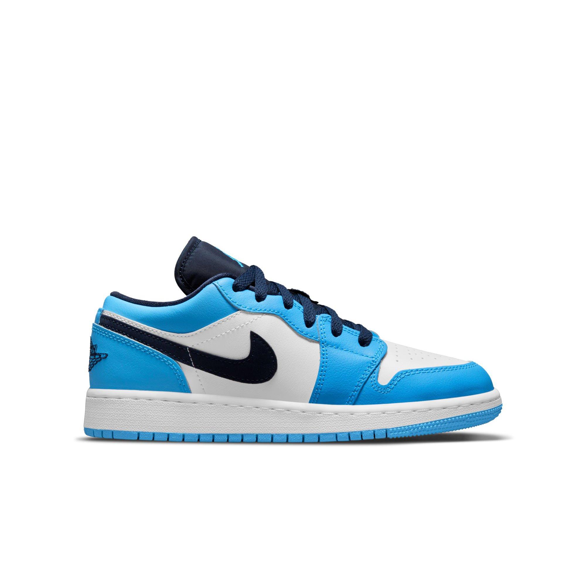 Jordan 1 Low "White/Dk Powder Blue/Obsidian" Grade School Boys' Shoe - BLUE/WHITE Thumbnail View 1