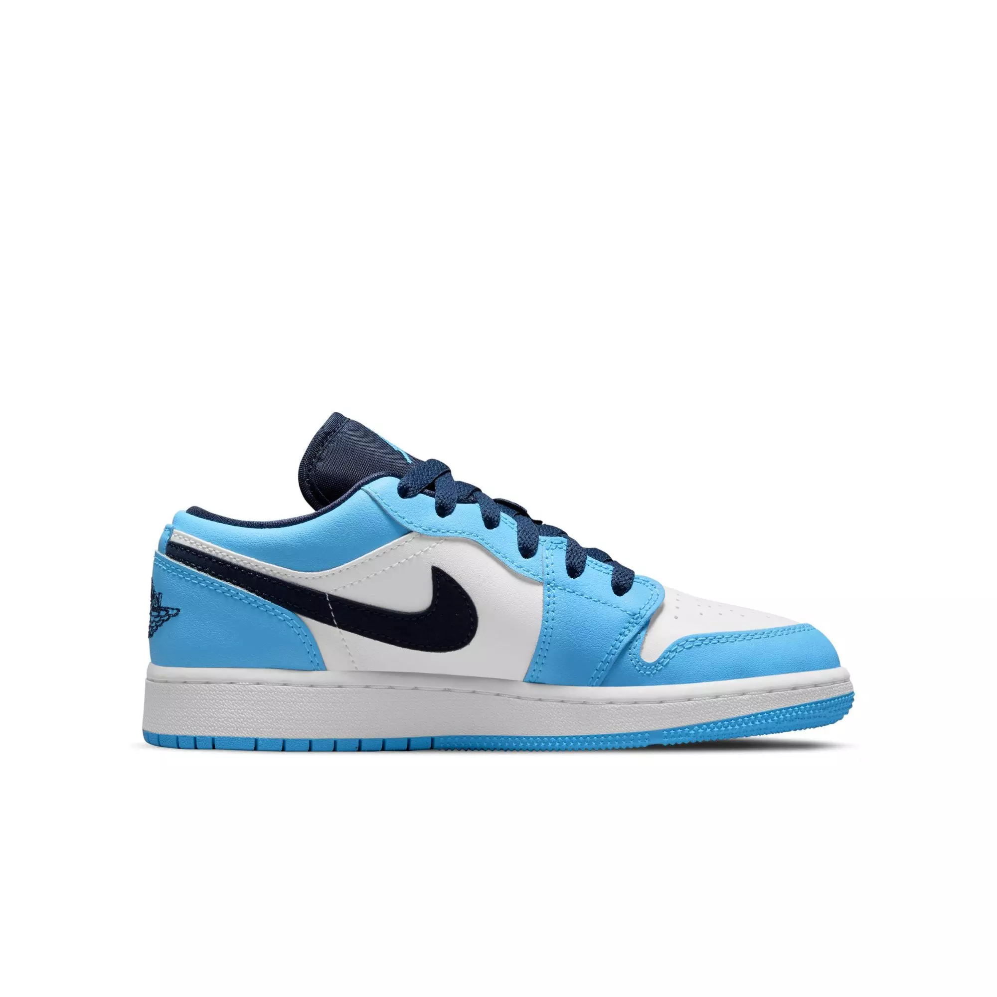 Jordan 1 Low "White/Dk Powder Blue/Obsidian" Grade School Boys' Shoe - BLUE/WHITE
