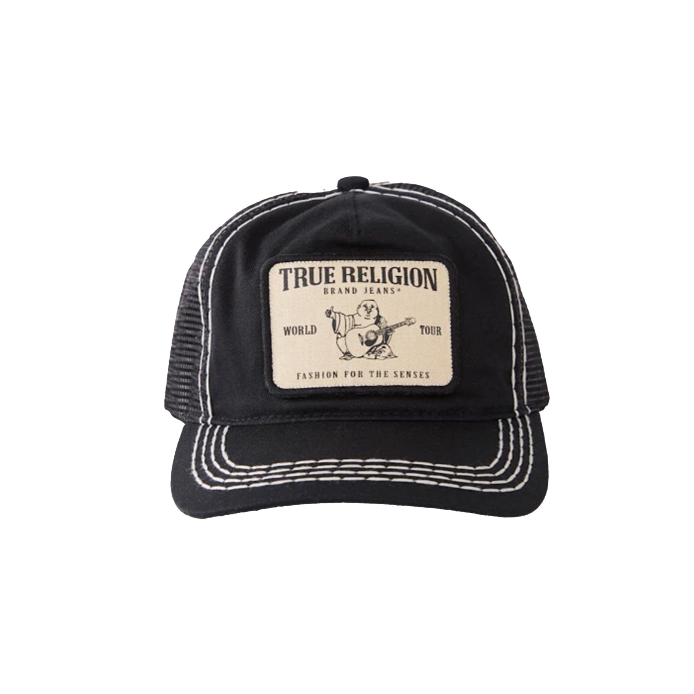 新品TRUE RELIGION ブラック トラッカーキャップ True Religion Big T Patch Trucker Hat-Black/White