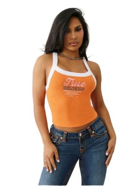 True Religion Women's Embroidered Contrast Ringer Tank - White/Orange - ORANGE/WHITE Thumbnail View 1
