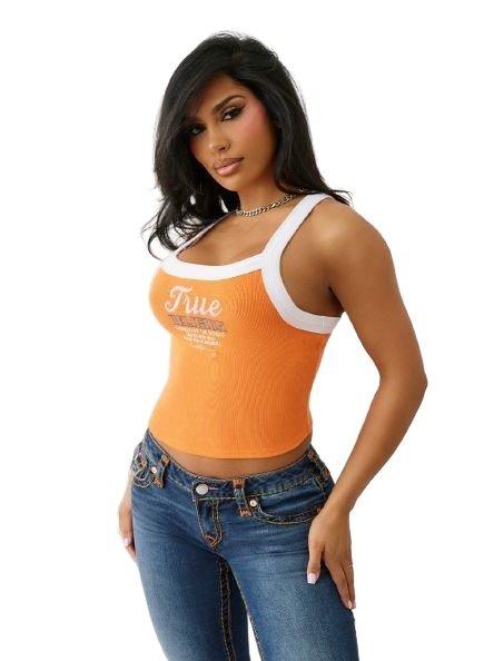 True Religion Women's Embroidered Contrast Ringer Tank - White/Orange - ORANGE/WHITE Thumbnail View 3