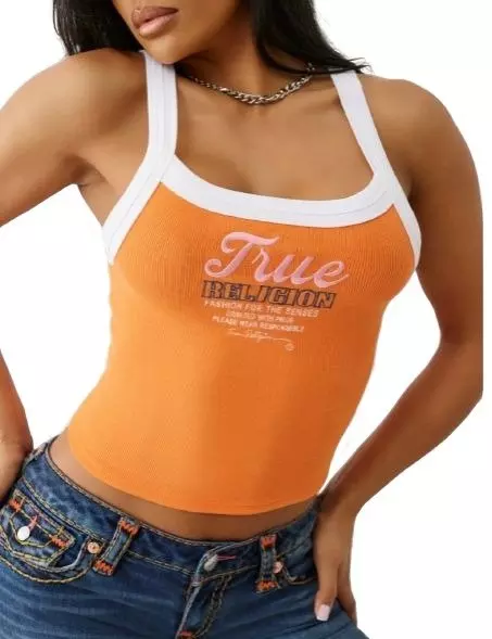 True Religion Women's Embroidered Contrast Ringer Tank - White/Orange - ORANGE/WHITE