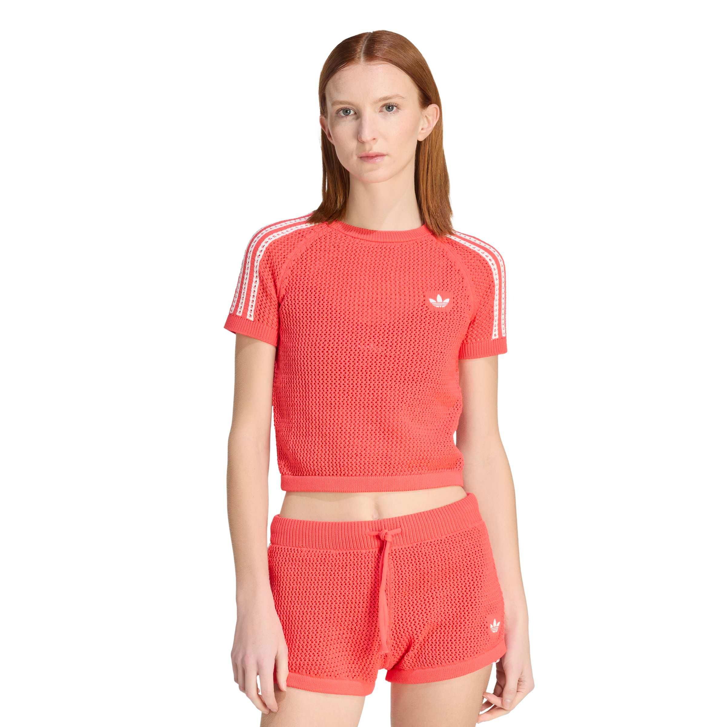 adidas Originals Women's Knitted Crochet Cali Tee - RED/WHITE Thumbnail View 1