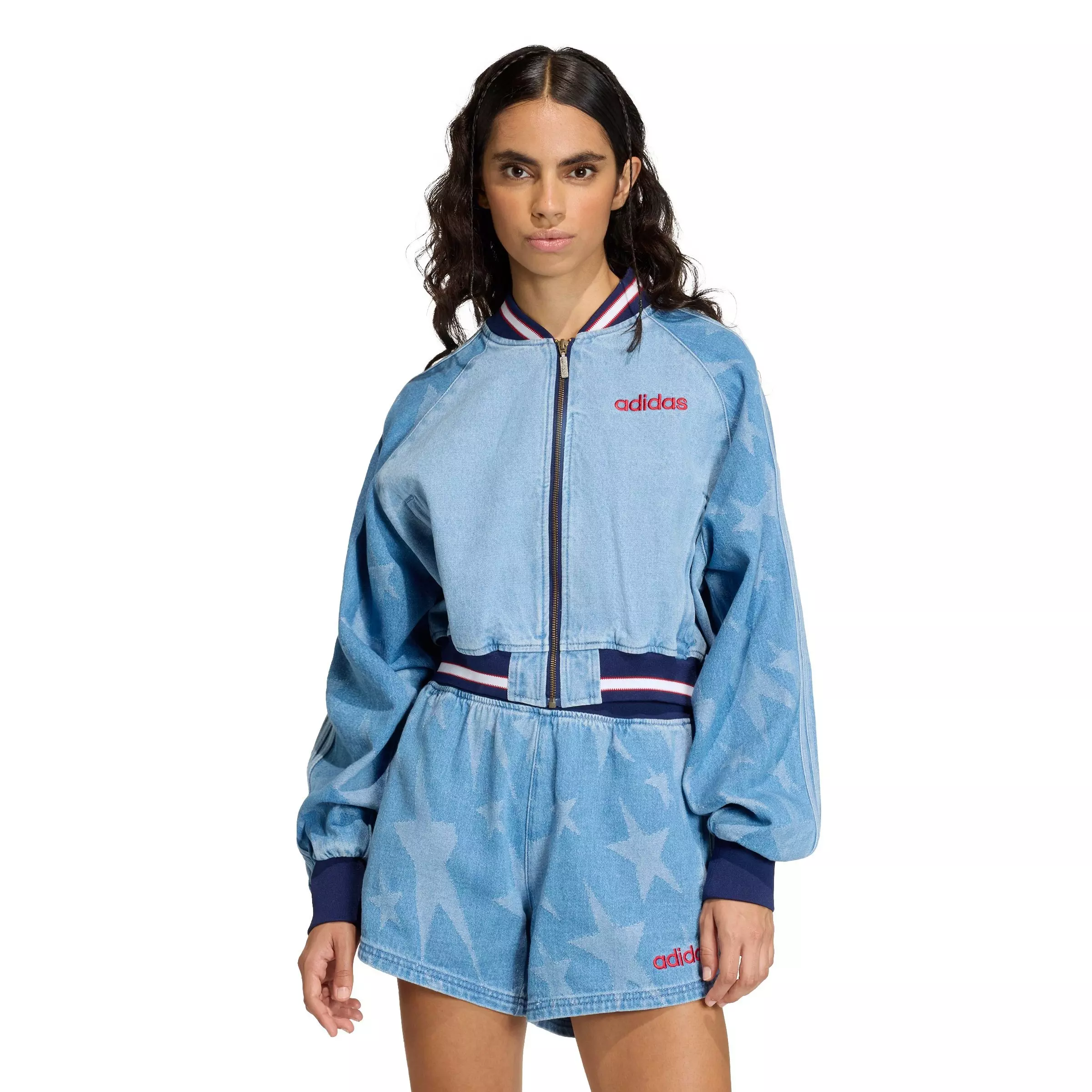 adidas Women's SST Demin Graphic Varsity Bomber Jacket - BLUE