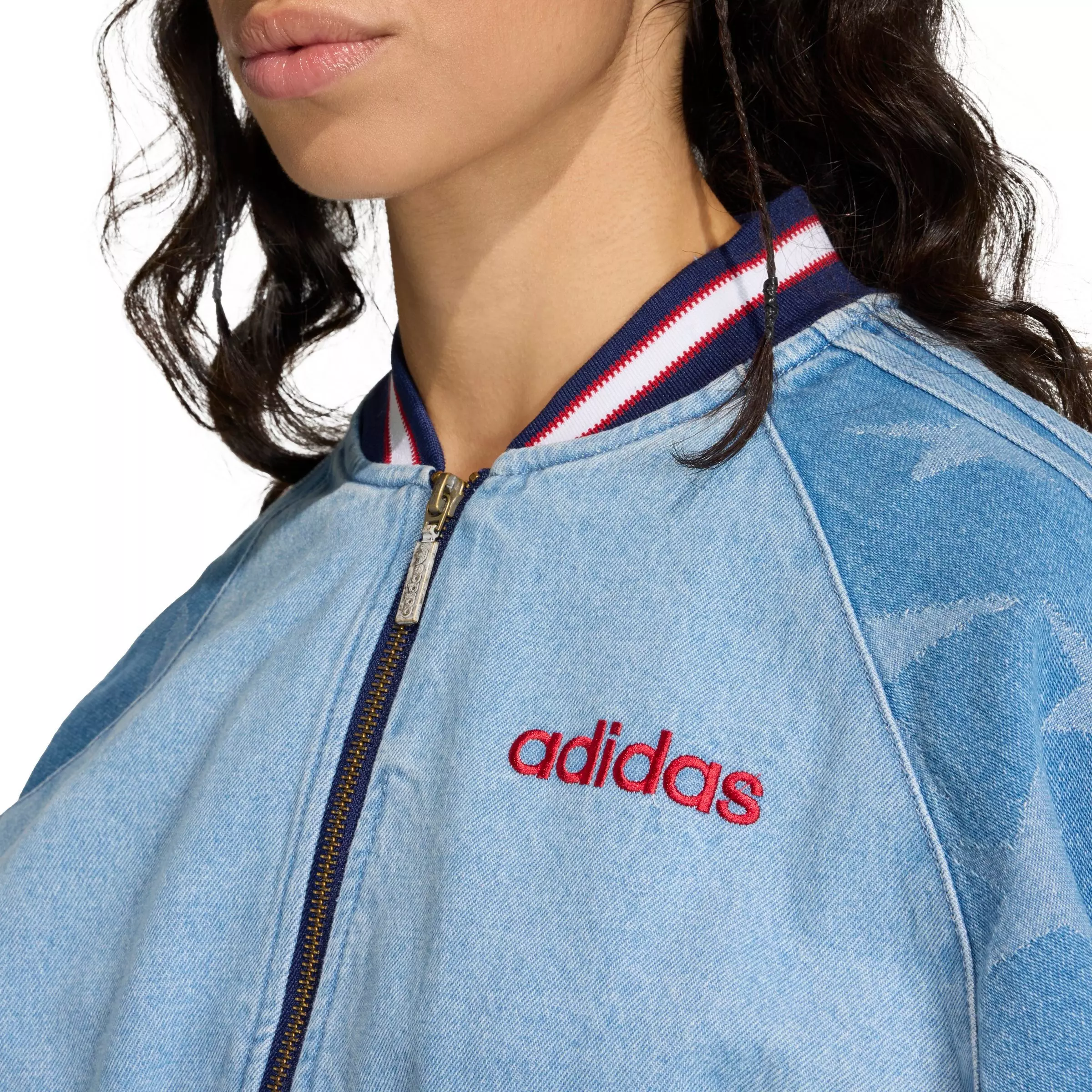 adidas Women's SST Demin Graphic Varsity Bomber Jacket - BLUE