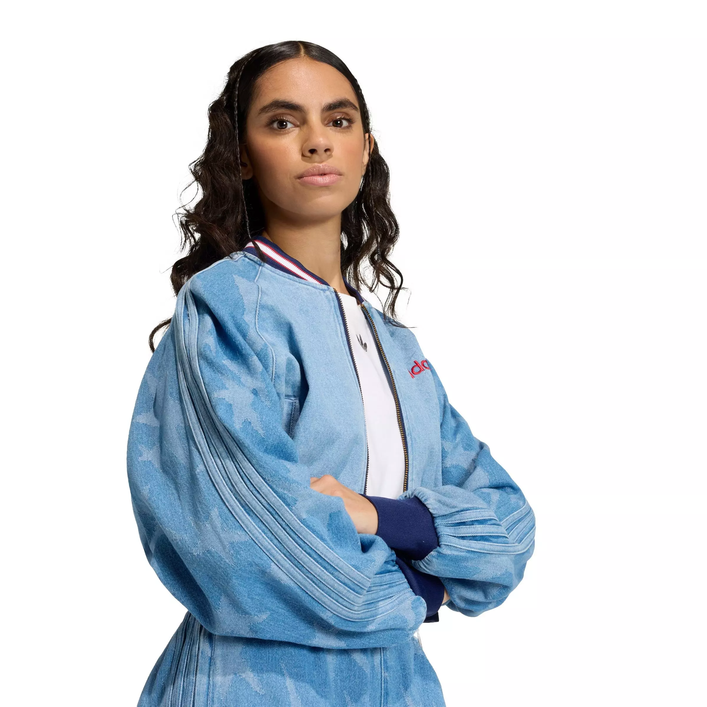 adidas Women's SST Demin Graphic Varsity Bomber Jacket - BLUE