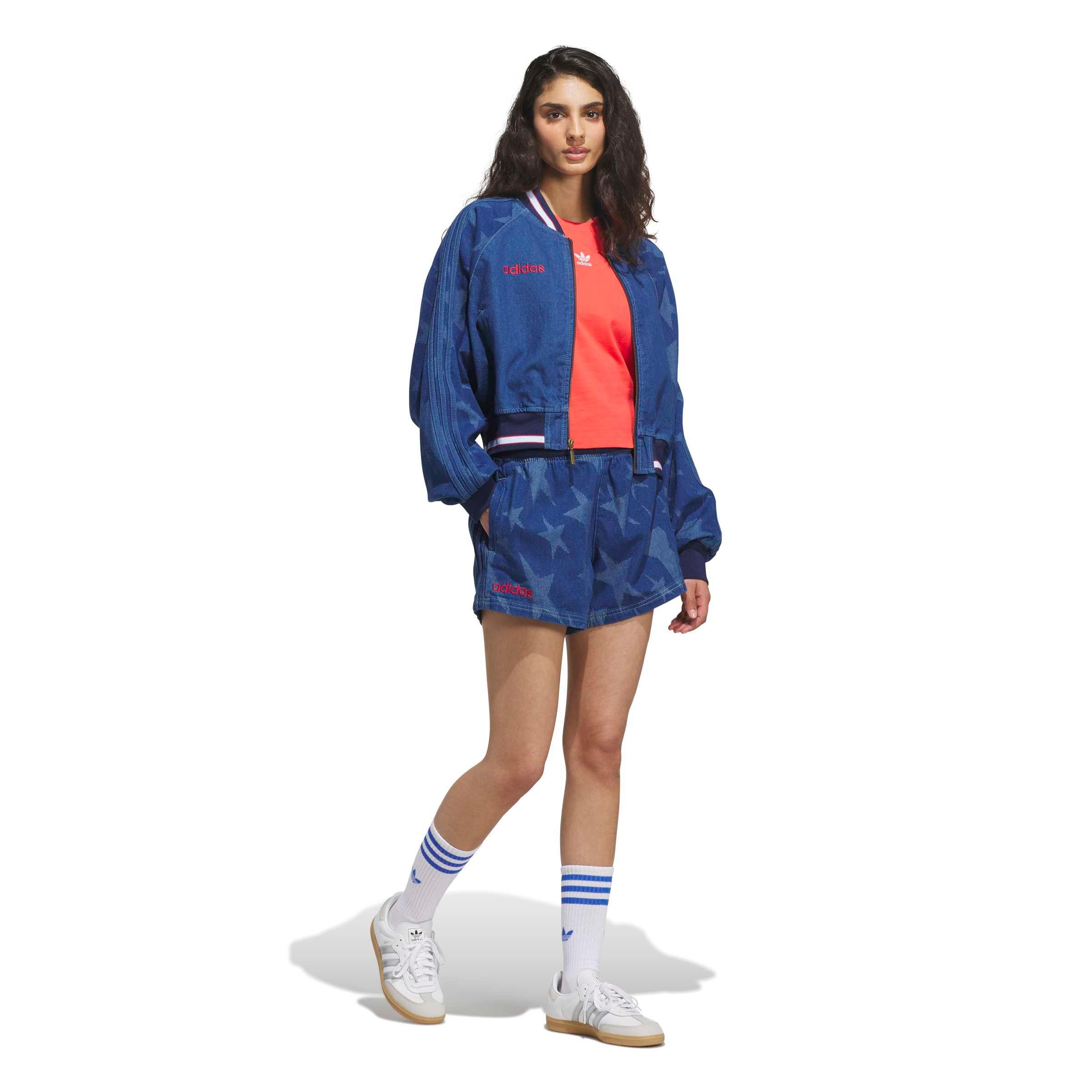 adidas Originals Women's Denim Graphic Varsity Shorts - BLUE Thumbnail View 5