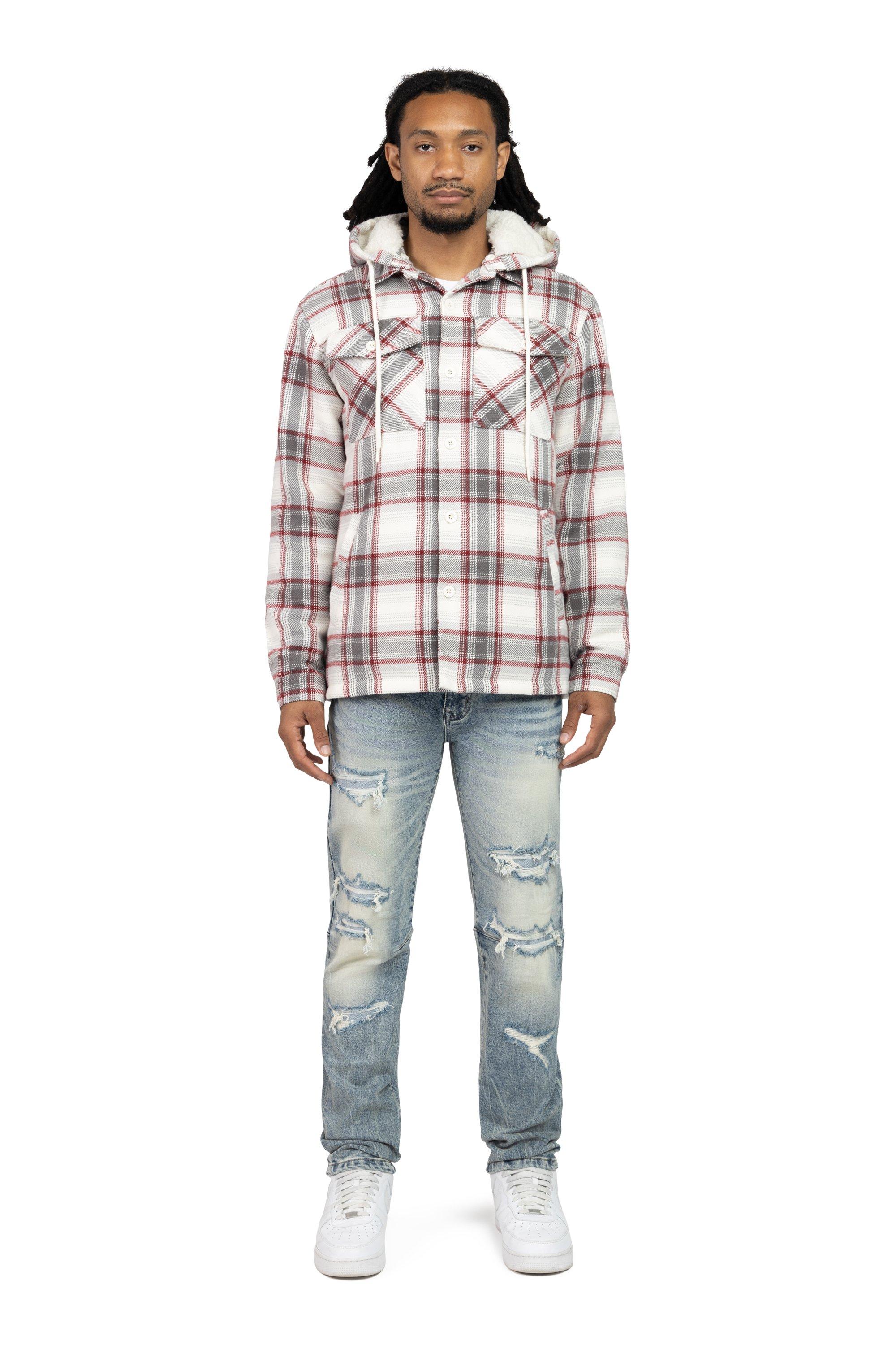 Smoke Rise Men's Plaid Hooded Shacket - Ember - RED Thumbnail View 1