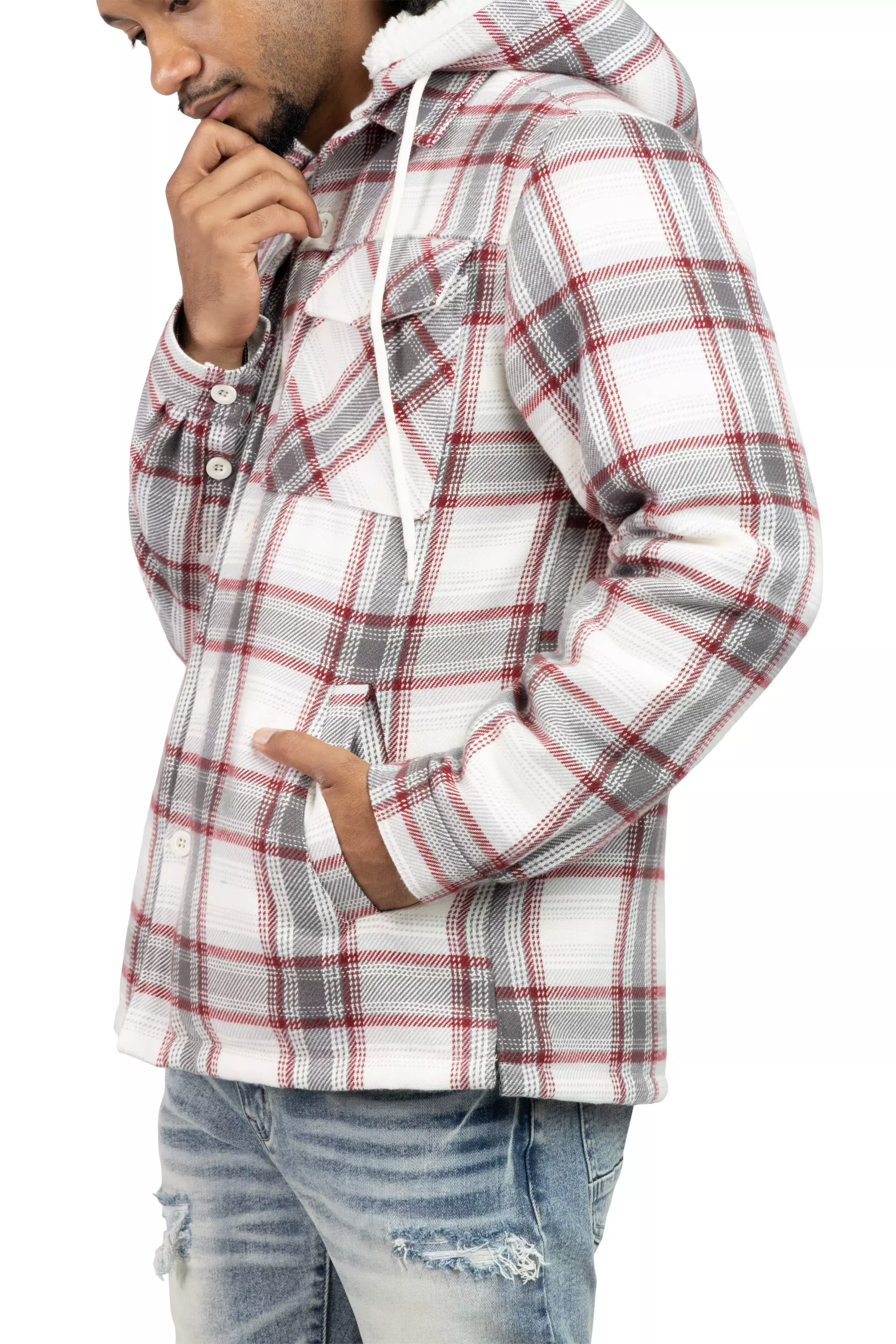Smoke Rise Men's Plaid Hooded Shacket - Ember - RED