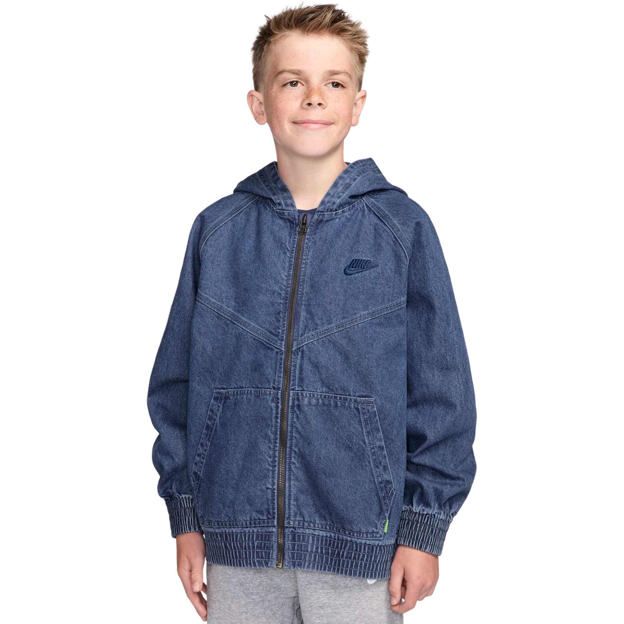 Nike Big Kids' Dark Wash Full-Zip Hooded Denim Jacket - DENIM Thumbnail View 1