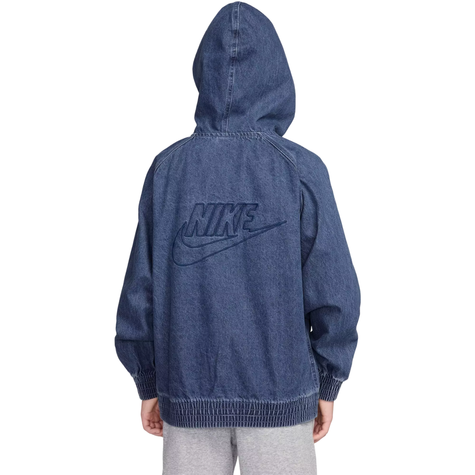 Nike Big Kids' Dark Wash Full-Zip Hooded Denim Jacket - DENIM