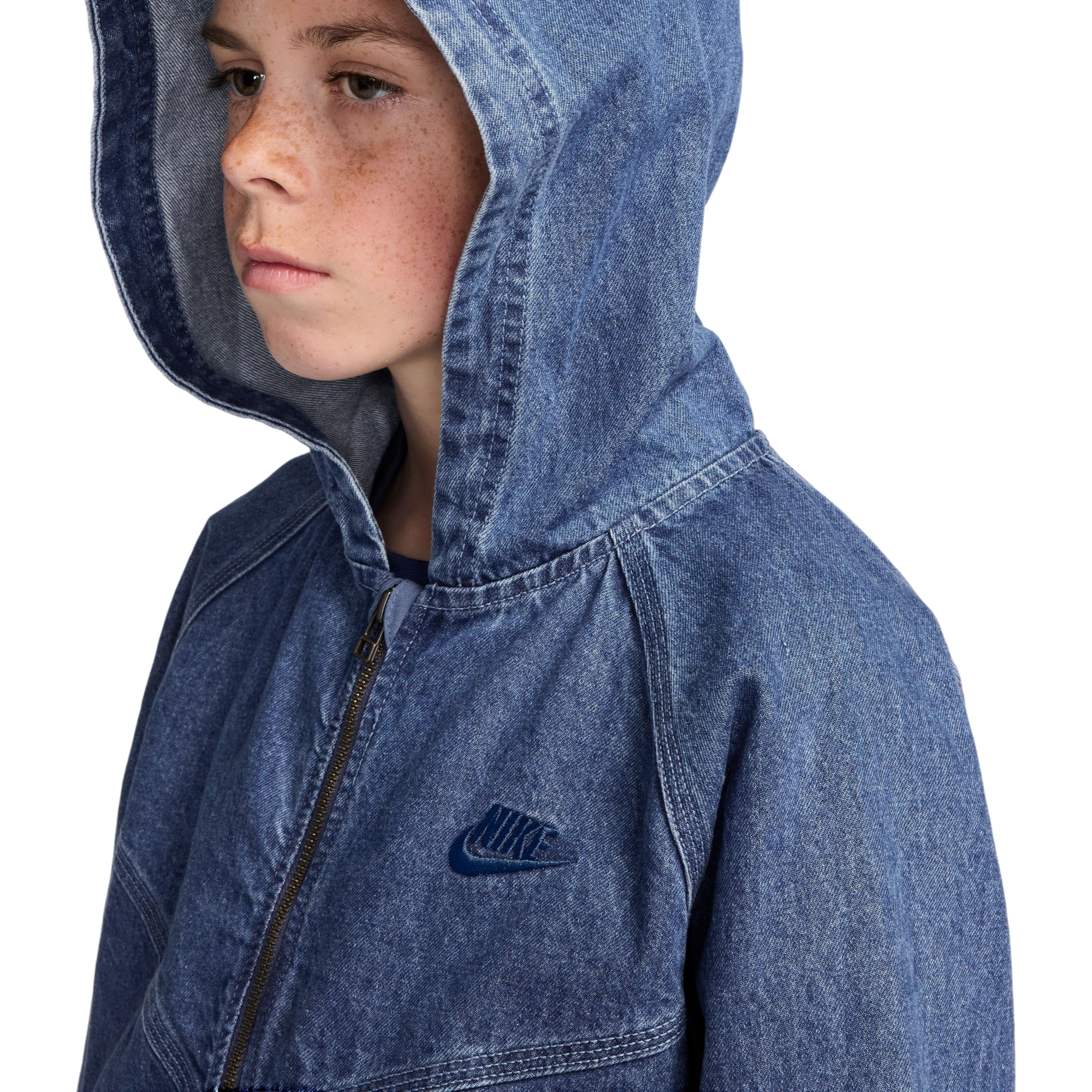 Nike Big Kids' Dark Wash Full-Zip Hooded Denim Jacket - DENIM Thumbnail View 3