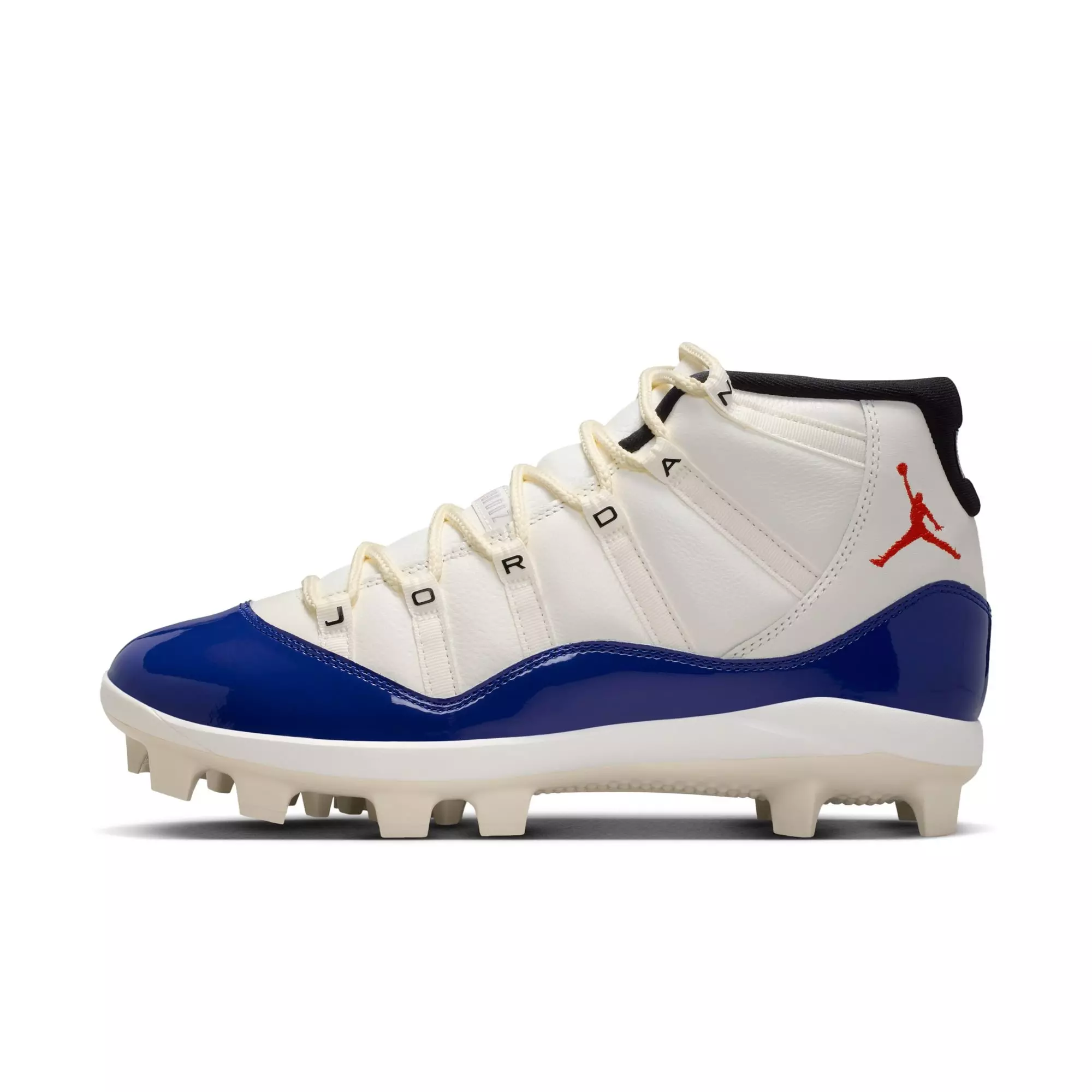 Jordan 11 Retro MCS "Sail/Fire Red/Deep Royal Blue" Men's Baseball Cleat - WHITE/ROYAL