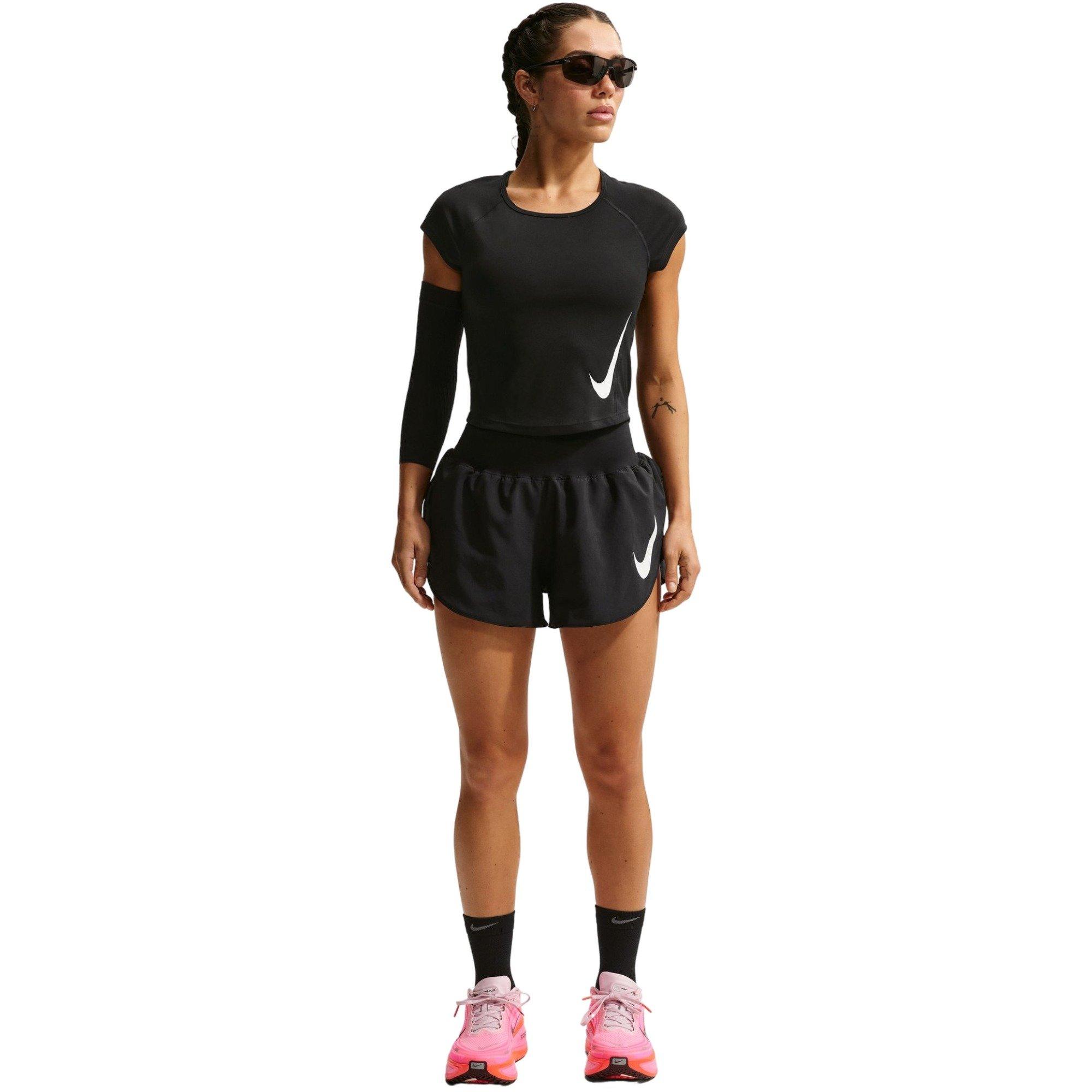 Nike Women's Tempo Swoosh Dri-FIT Mid-Rise Running Shorts - Black - BLACK Thumbnail View 1